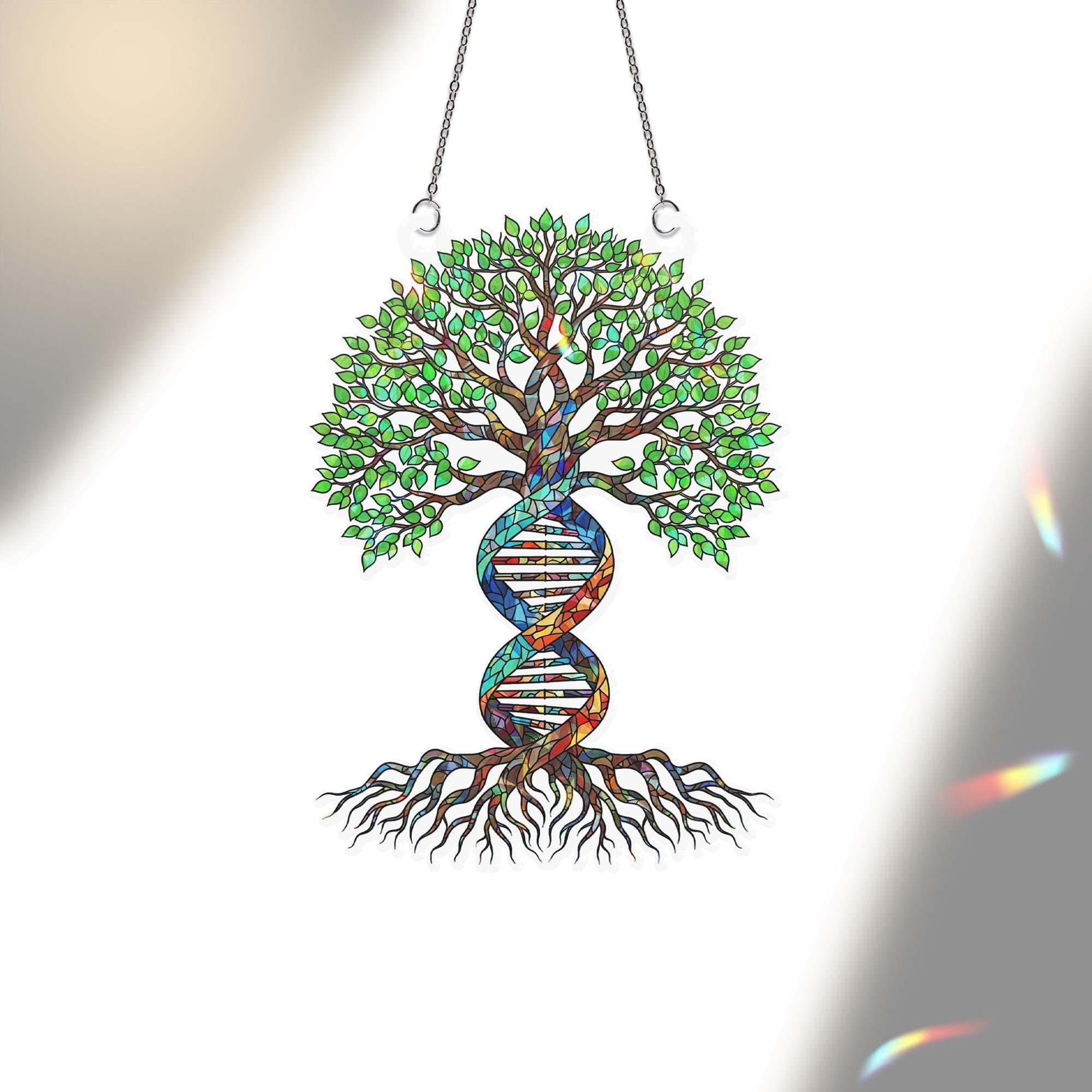 DNA Tree of Life Holographic Window Hanging | Faux Stained Glass Suncatcher | Ancestry Decor | Science Gift | Spiritual Nature Art