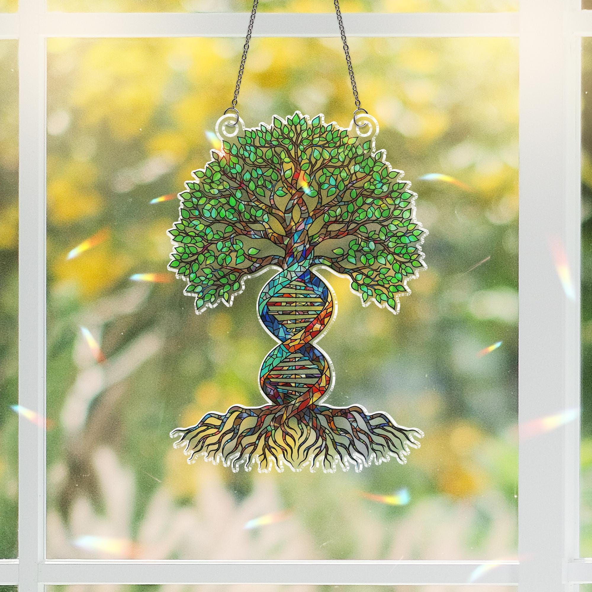 DNA Tree of Life Holographic Window Hanging | Faux Stained Glass Suncatcher | Ancestry Decor | Science Gift | Spiritual Nature Art