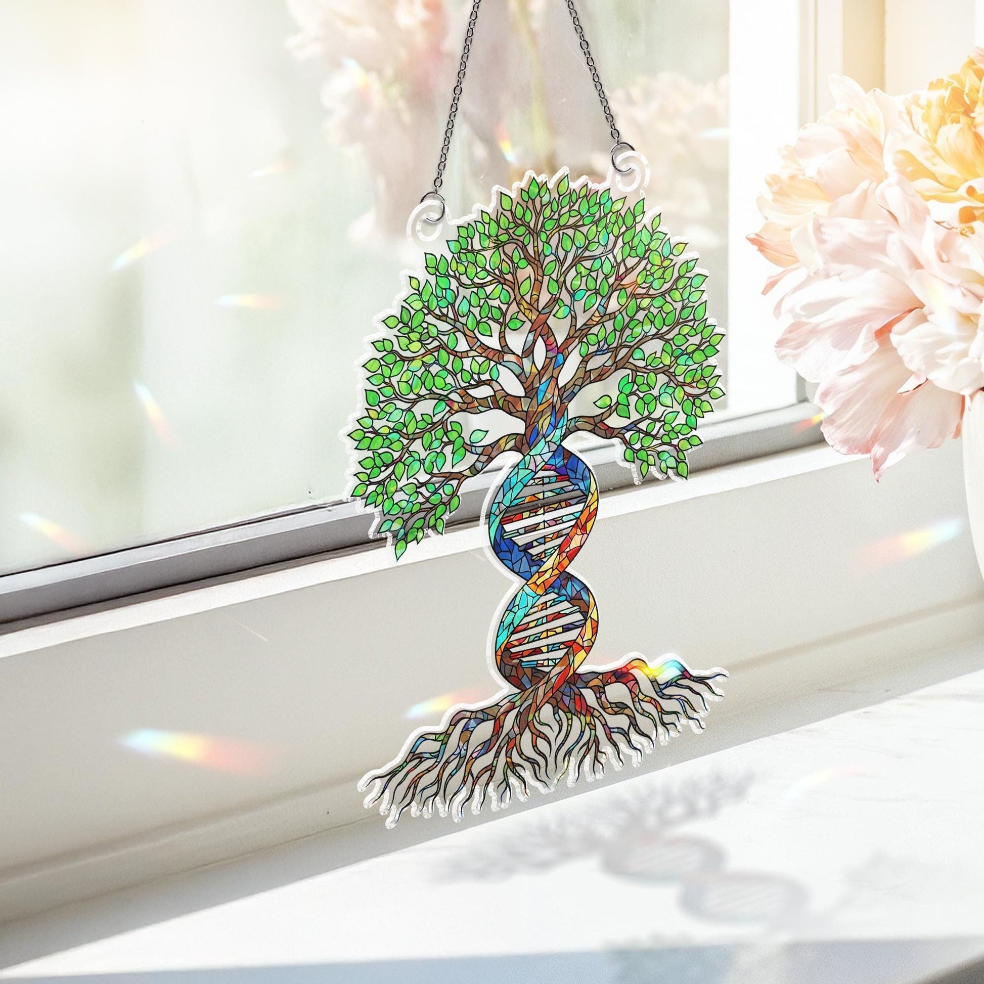 DNA Tree of Life Holographic Window Hanging | Faux Stained Glass Suncatcher | Ancestry Decor | Science Gift | Spiritual Nature Art