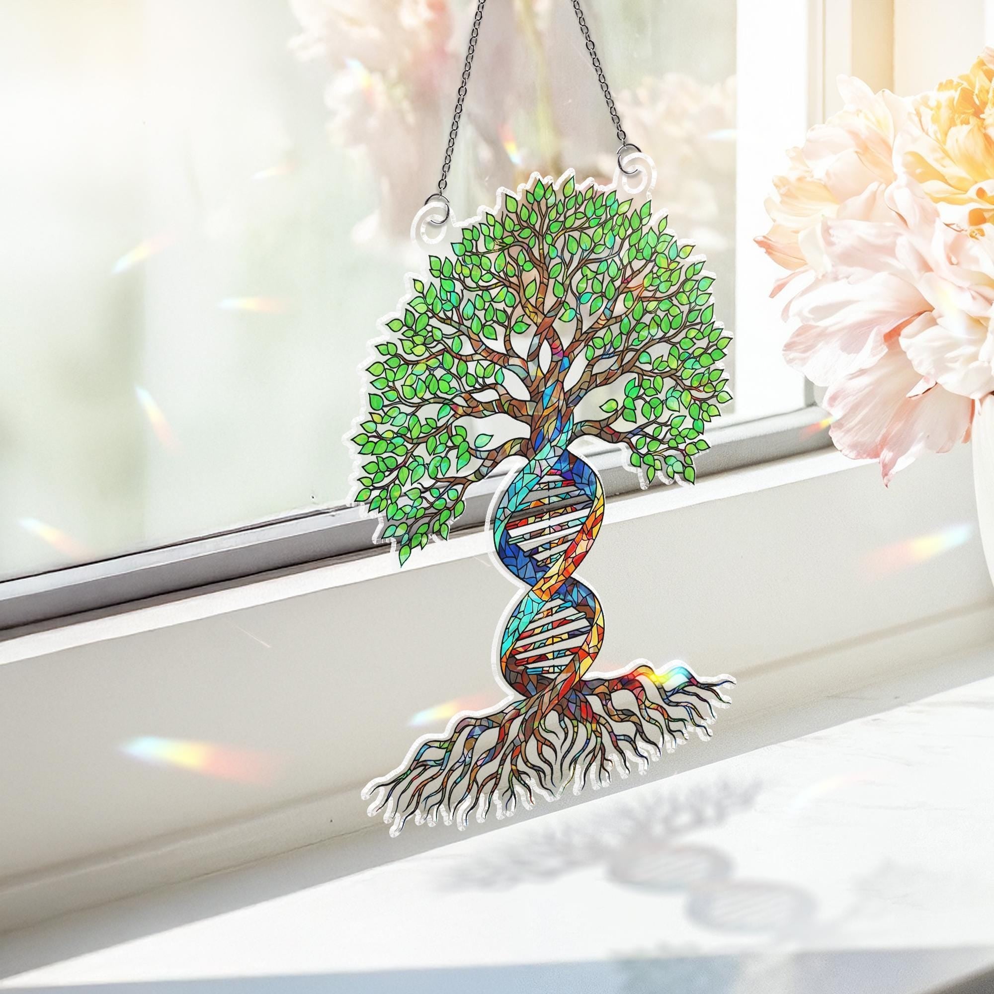 DNA Tree of Life Holographic Window Hanging | Faux Stained Glass Suncatcher | Ancestry Decor | Science Gift | Spiritual Nature Art