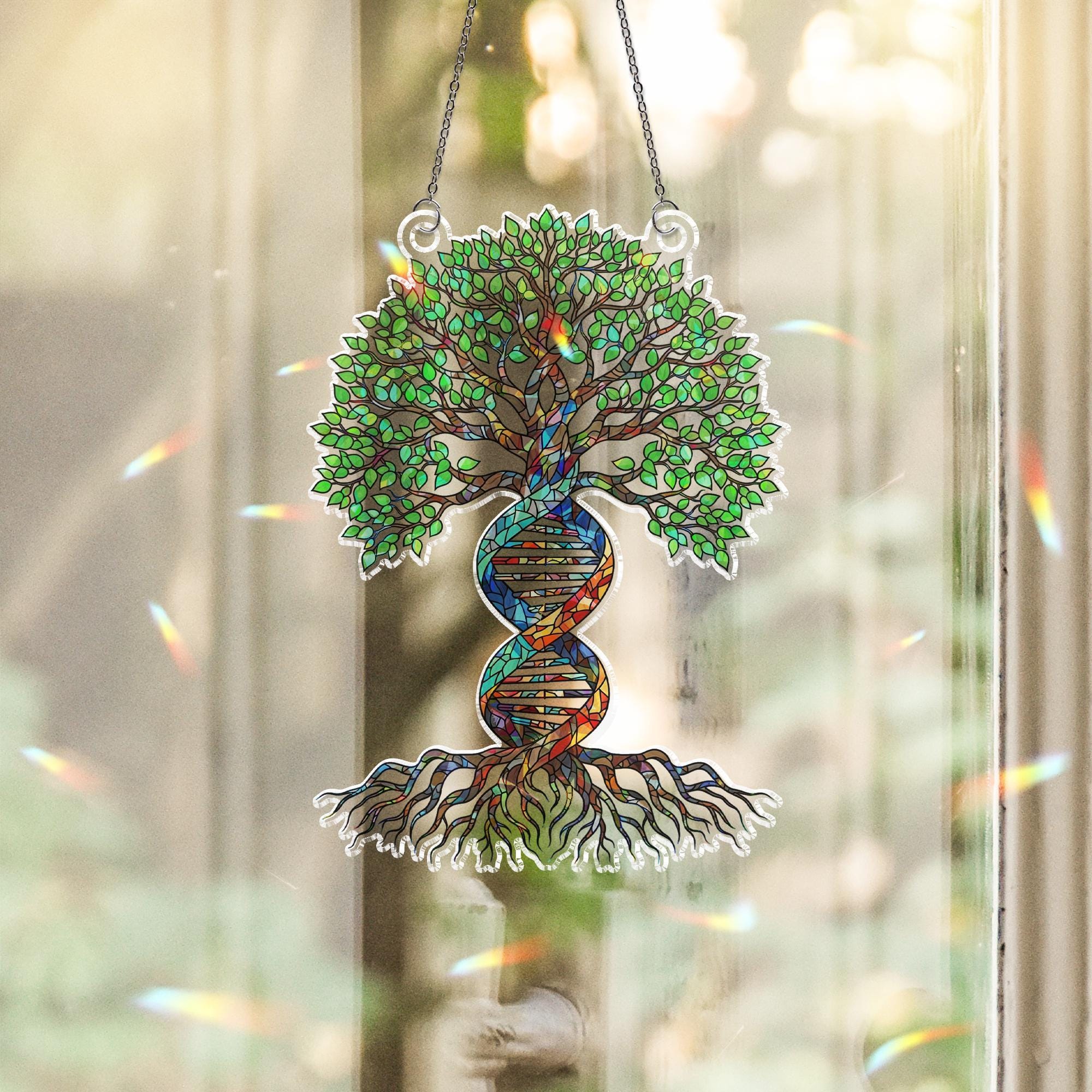 DNA Tree of Life Holographic Window Hanging | Faux Stained Glass Suncatcher | Ancestry Decor | Science Gift | Spiritual Nature Art