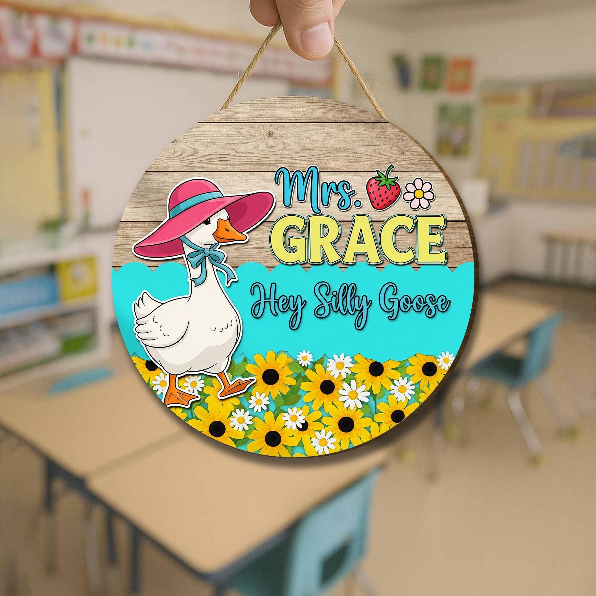 Personalized Silly Goose Door Sign – Custom Name Goose Decor with Flowers, Hat – Funny Classroom or Teacher Gift Round Wood Sign, Preschool