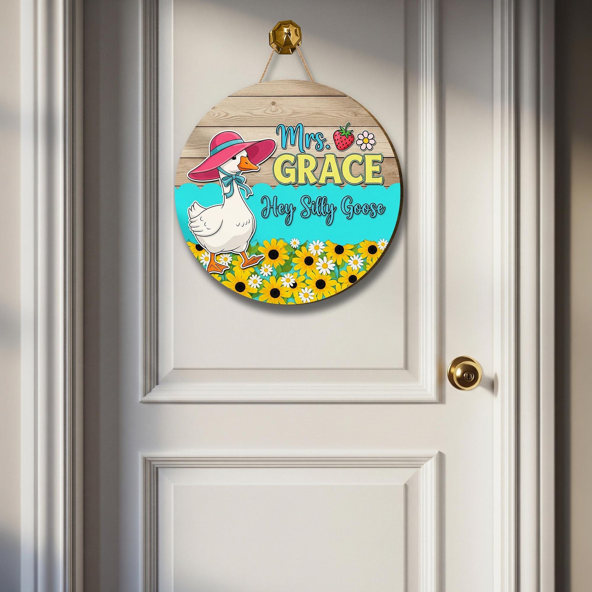 Personalized Silly Goose Door Sign – Custom Name Goose Decor with Flowers, Hat – Funny Classroom or Teacher Gift Round Wood Sign, Preschool