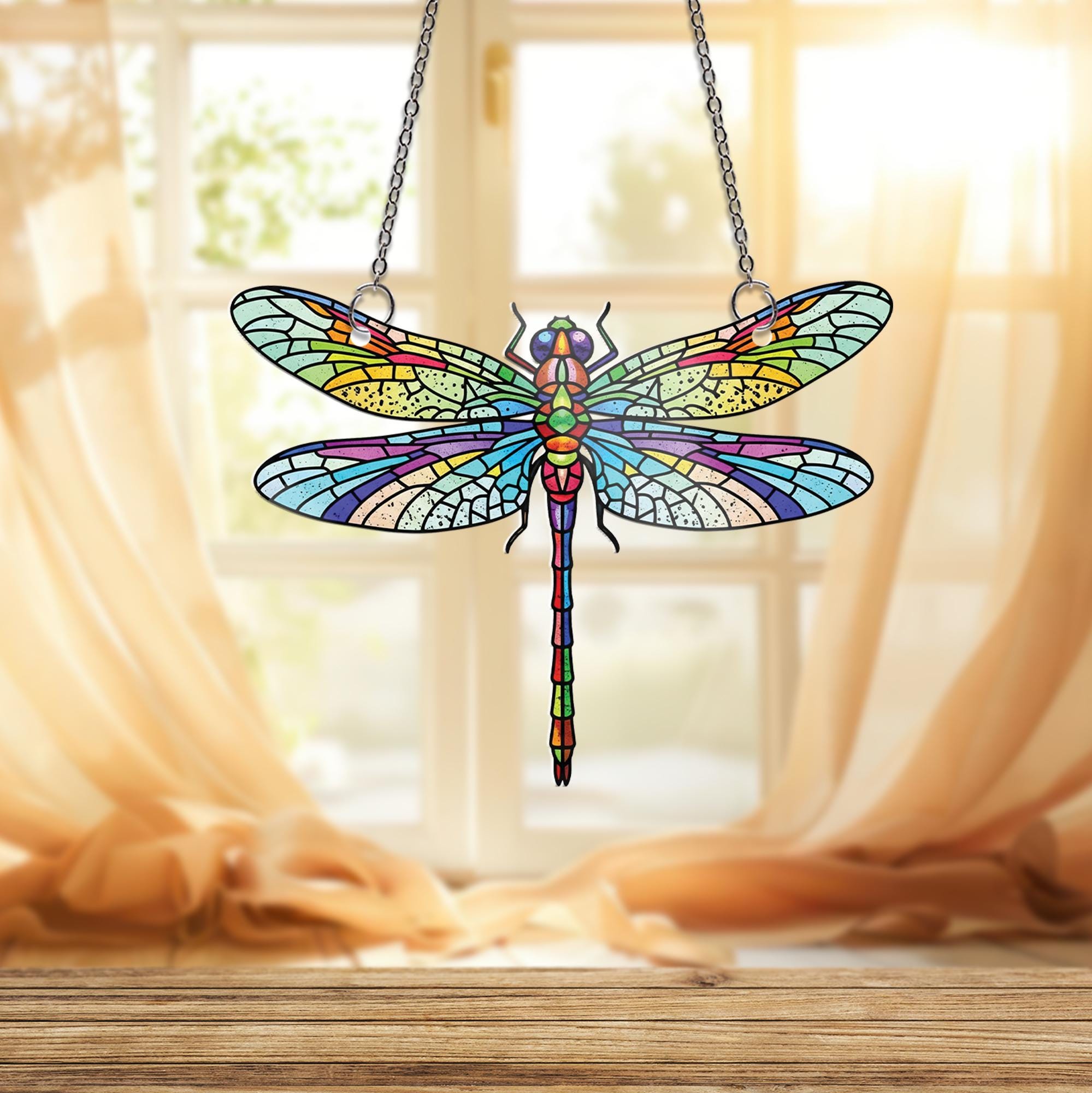 Dragonfly Window Hanging | Faux Stained Glass Suncatcher | Nature Inspired Insect Decor | Boho Garden Gift