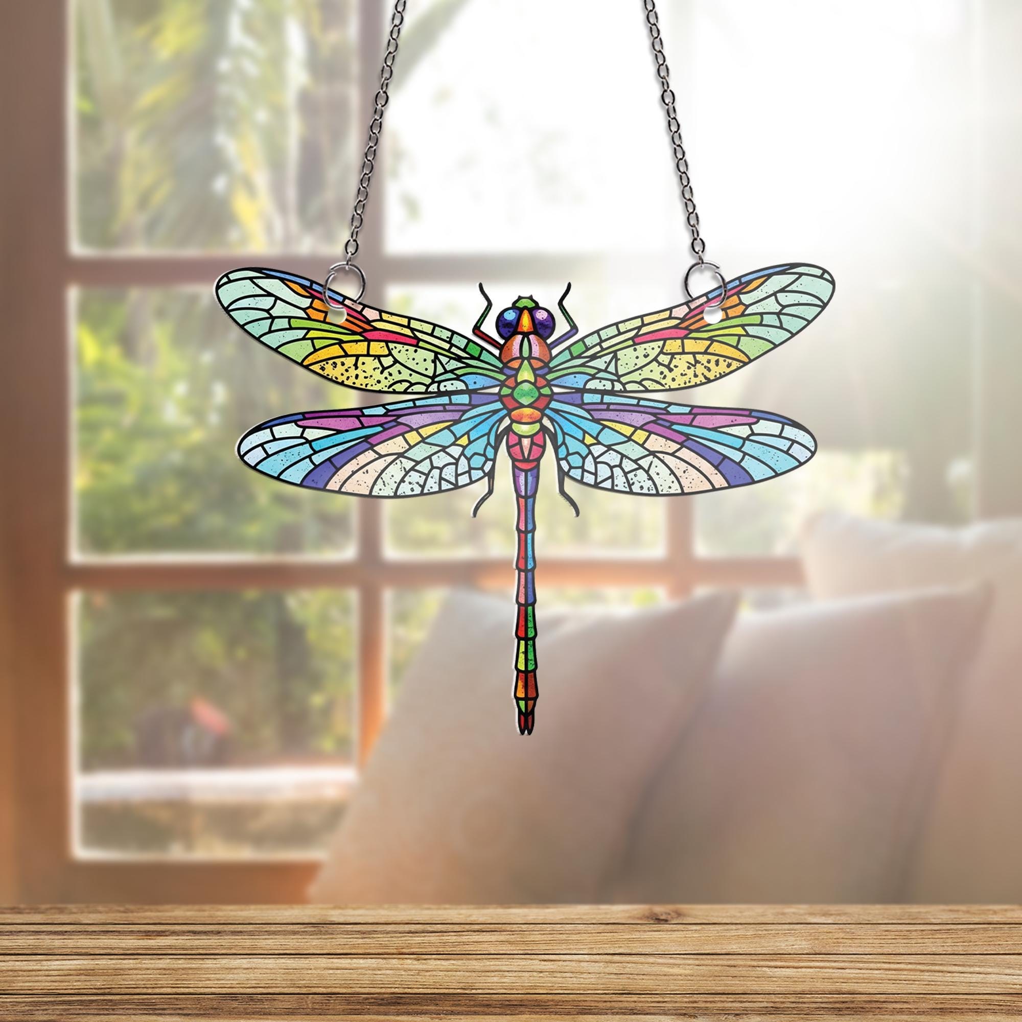 Dragonfly Window Hanging | Faux Stained Glass Suncatcher | Nature Inspired Insect Decor | Boho Garden Gift