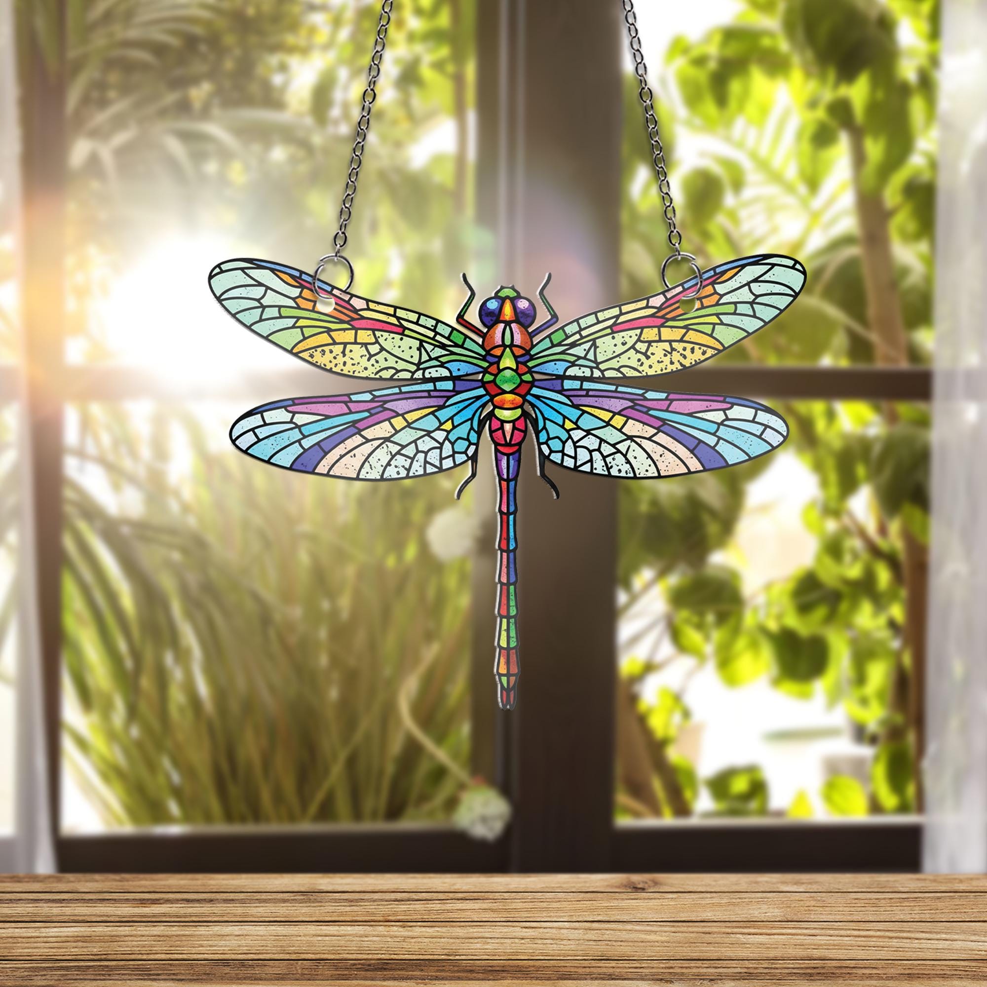 Dragonfly Window Hanging | Faux Stained Glass Suncatcher | Nature Inspired Insect Decor | Boho Garden Gift