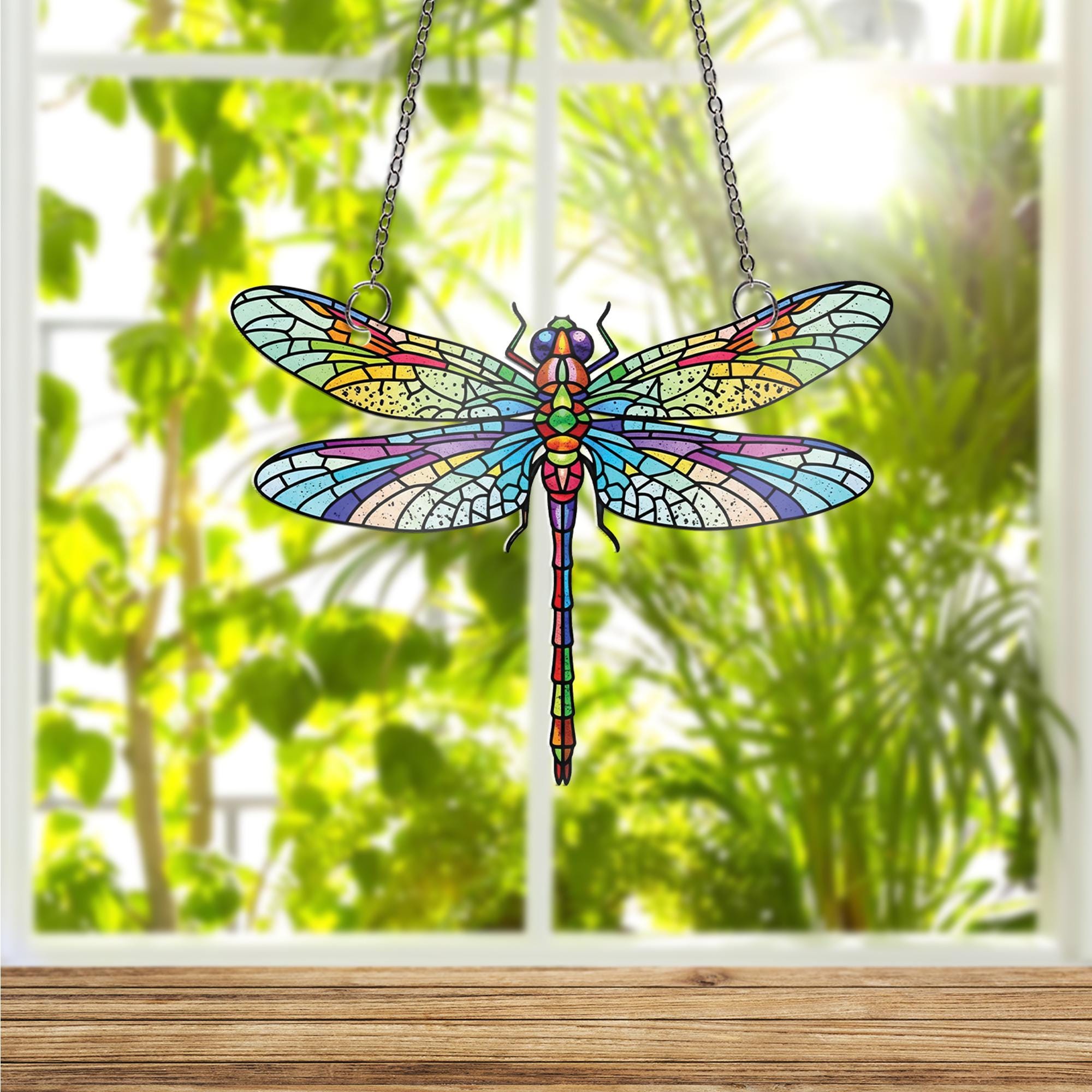 Dragonfly Window Hanging | Faux Stained Glass Suncatcher | Nature Inspired Insect Decor | Boho Garden Gift