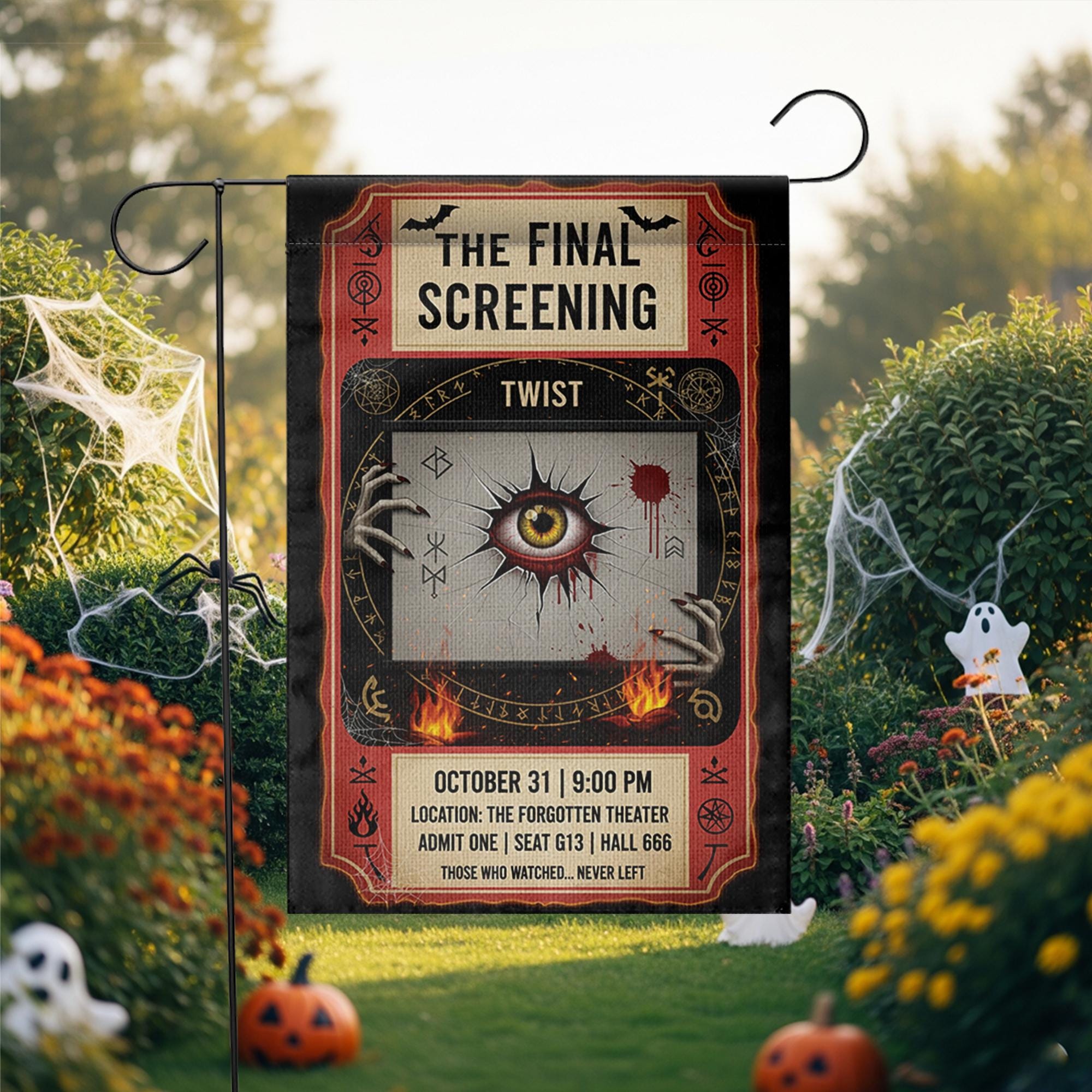 Horror Movie Halloween Garden Flag – Creepy Eye Theater Ticket Design for Spooky Yard or Lawn Decor – October 31 Screening