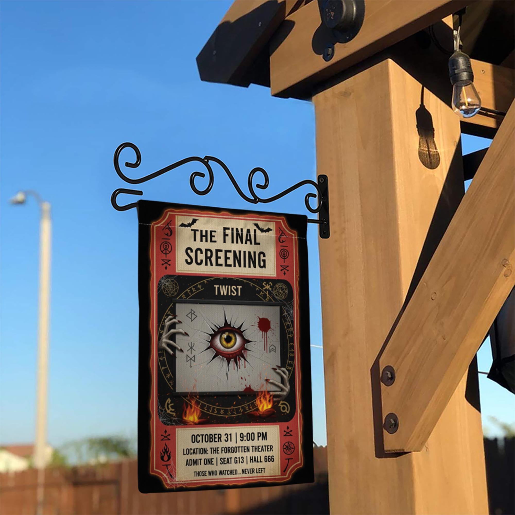 Horror Movie Halloween Garden Flag – Creepy Eye Theater Ticket Design for Spooky Yard or Lawn Decor – October 31 Screening