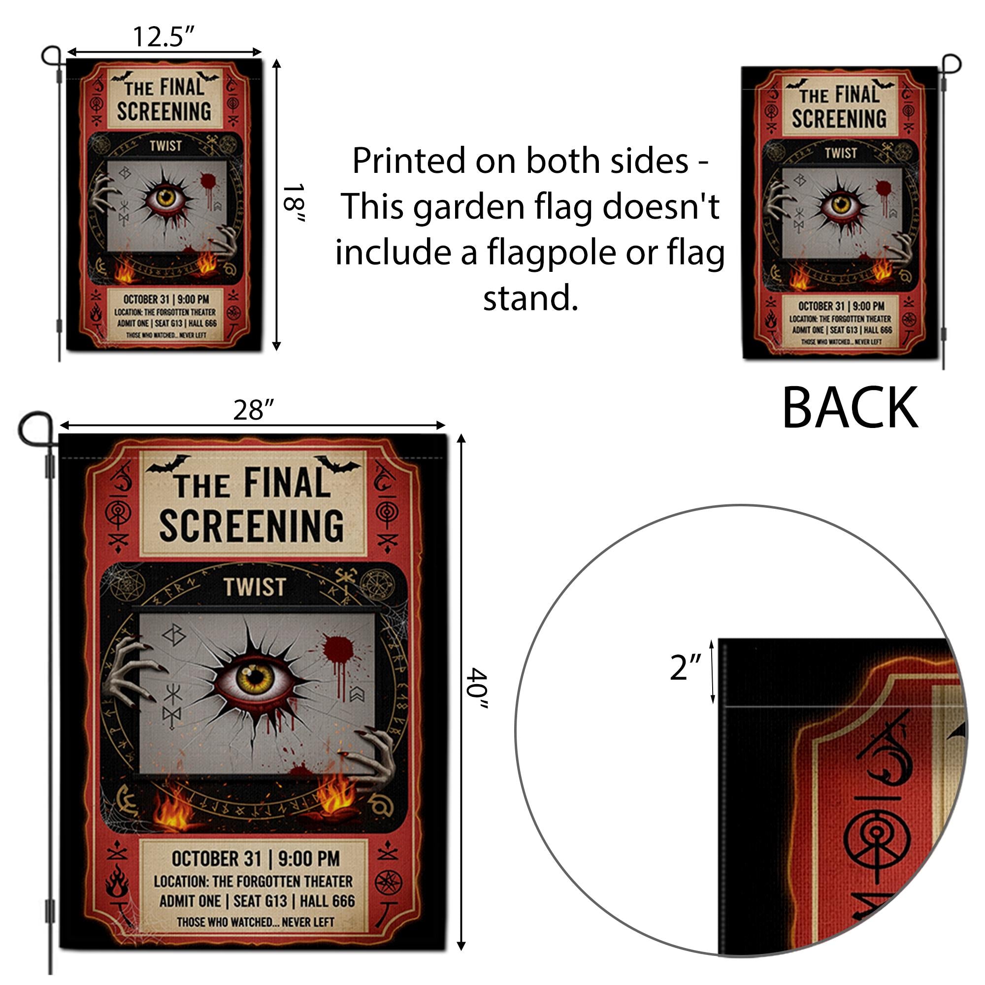 Horror Movie Halloween Garden Flag – Creepy Eye Theater Ticket Design for Spooky Yard or Lawn Decor – October 31 Screening