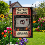 Horror Movie Halloween Garden Flag – Creepy Eye Theater Ticket Design for Spooky Yard or Lawn Decor – October 31 Screening