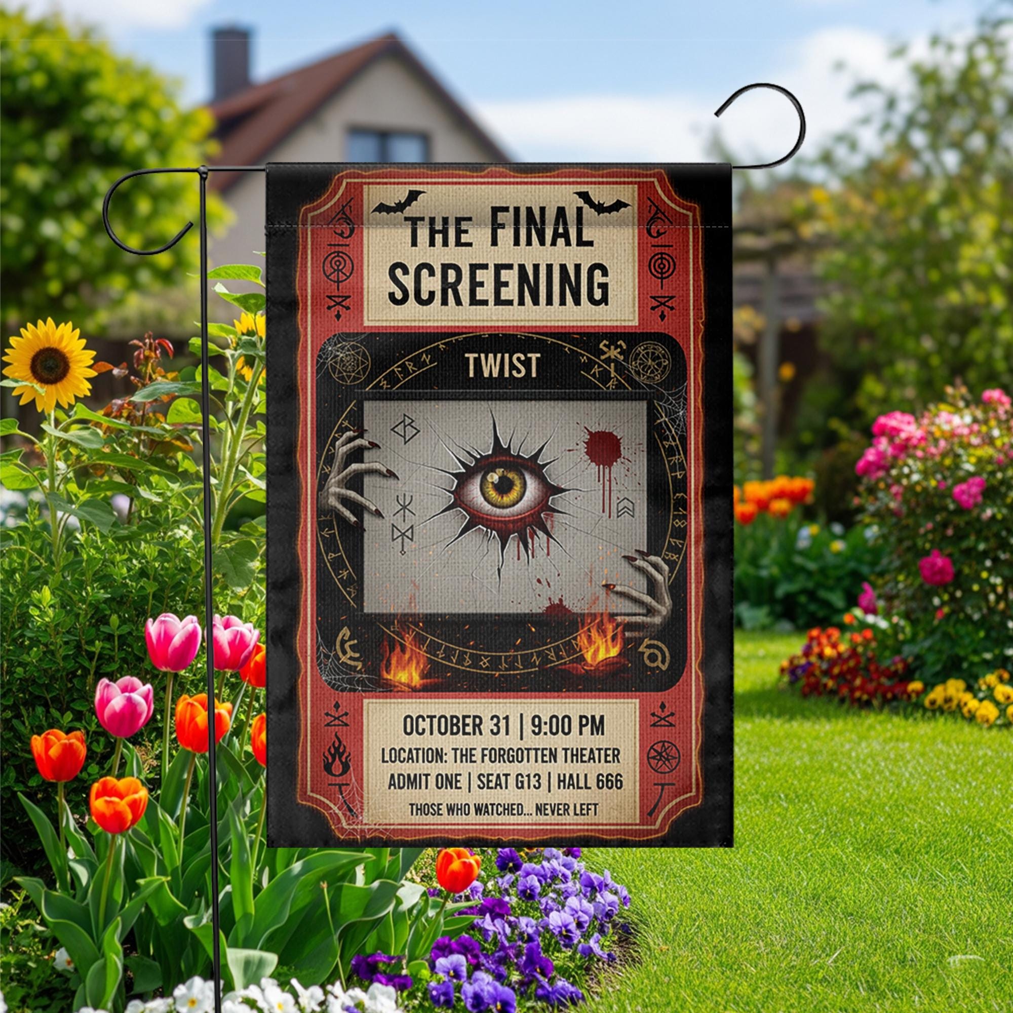 Horror Movie Halloween Garden Flag – Creepy Eye Theater Ticket Design for Spooky Yard or Lawn Decor – October 31 Screening