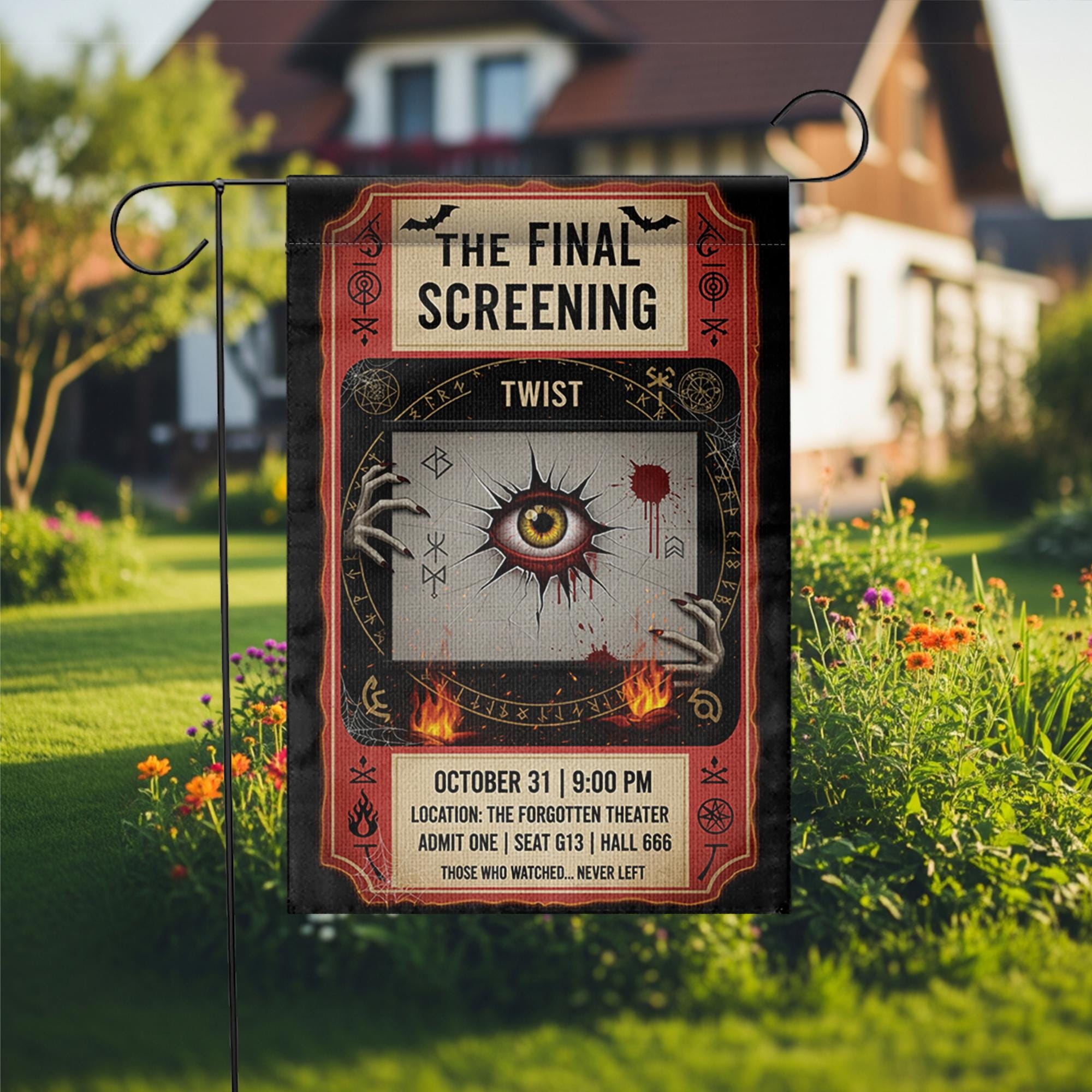 Horror Movie Halloween Garden Flag – Creepy Eye Theater Ticket Design for Spooky Yard or Lawn Decor – October 31 Screening
