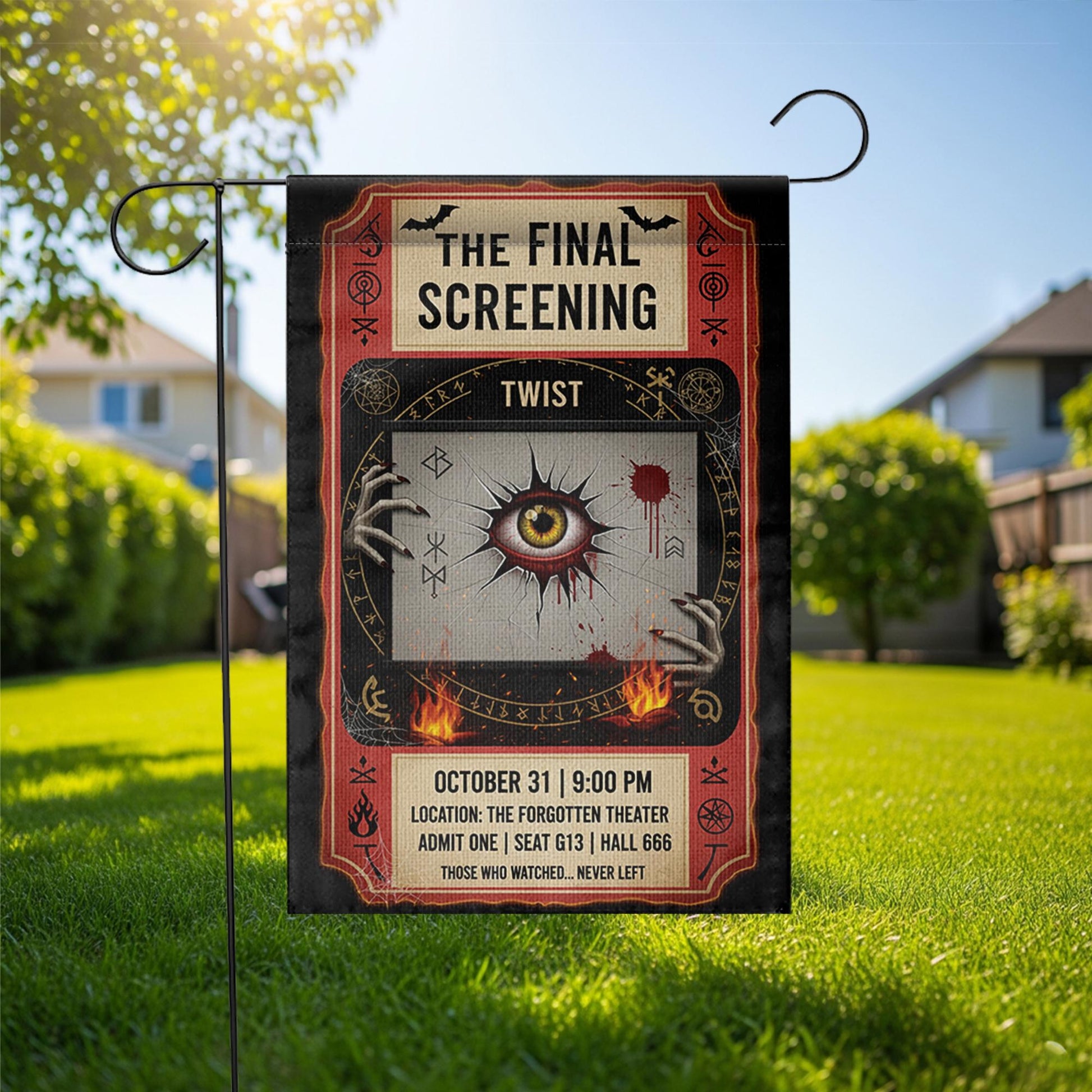 Horror Movie Halloween Garden Flag – Creepy Eye Theater Ticket Design for Spooky Yard or Lawn Decor – October 31 Screening