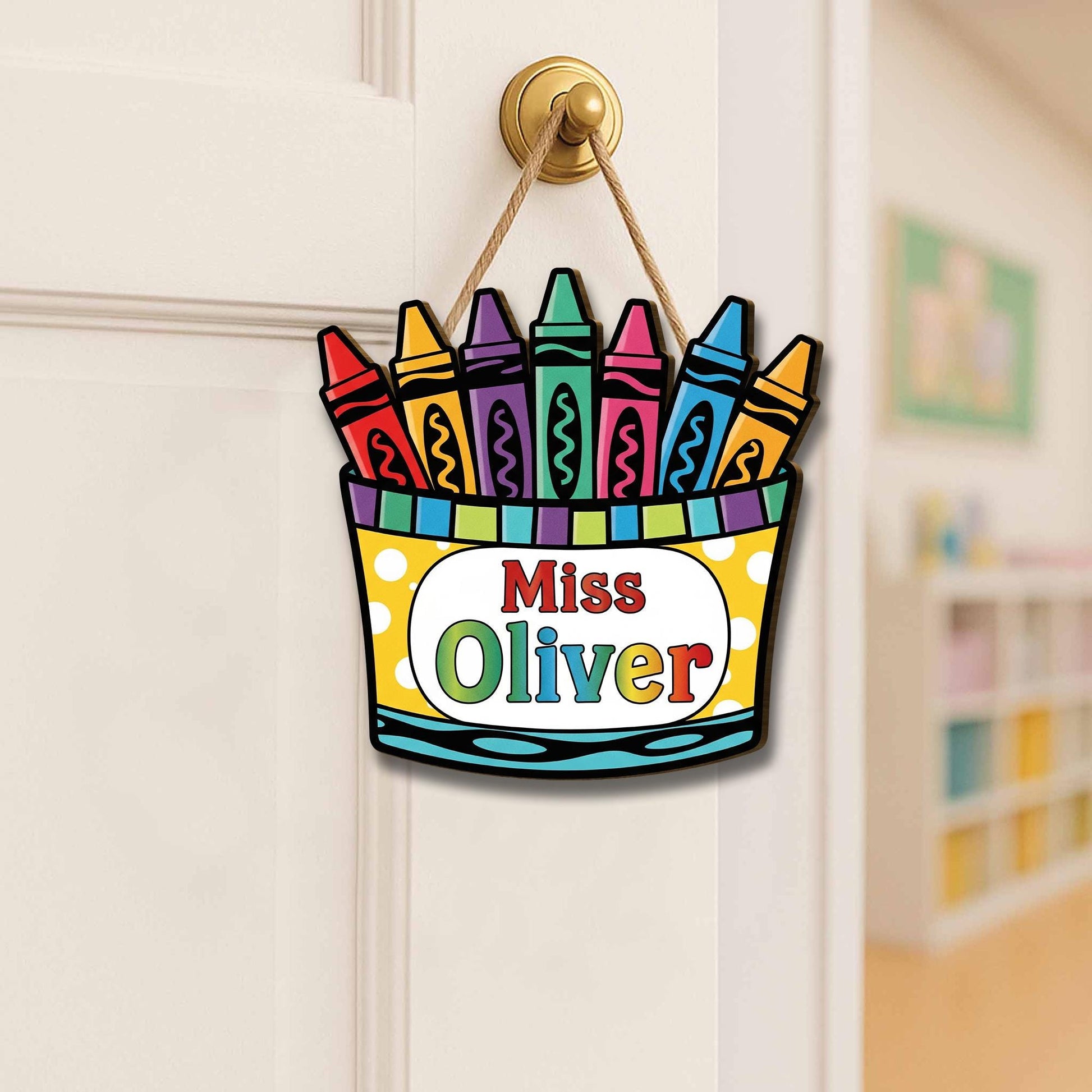Personalized Crayon Door Sign for Teachers – Custom Name Classroom Decor – Colorful Back to School Hanging Sign for Pre-K, Kindergarten