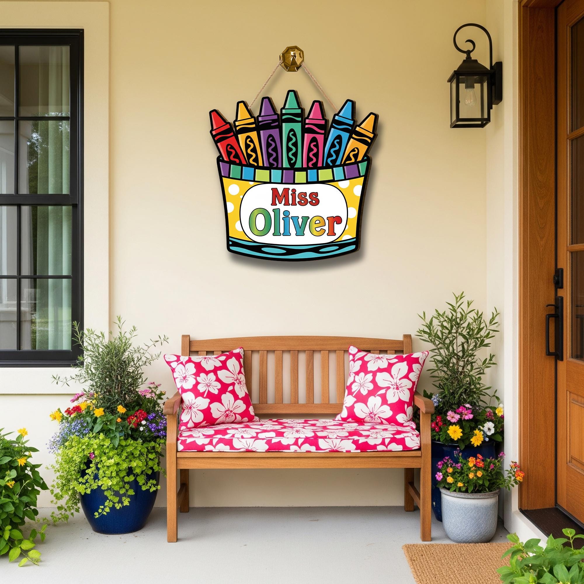 Personalized Crayon Door Sign for Teachers – Custom Name Classroom Decor – Colorful Back to School Hanging Sign for Pre-K, Kindergarten