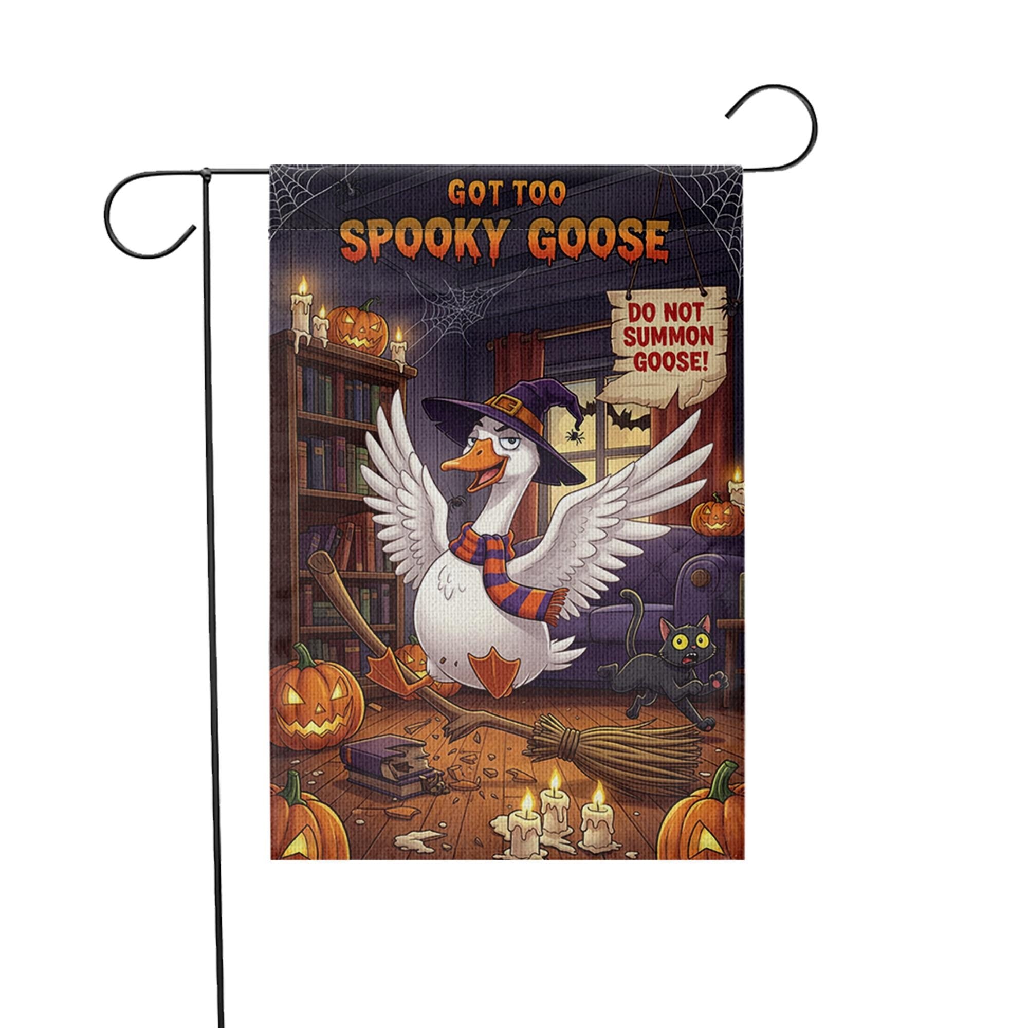 Spooky Goose Halloween Garden Flag – Funny Witch Goose Yard Decor with Pumpkins, Broom, Black Cat – Cute Halloween Outdoor Sign