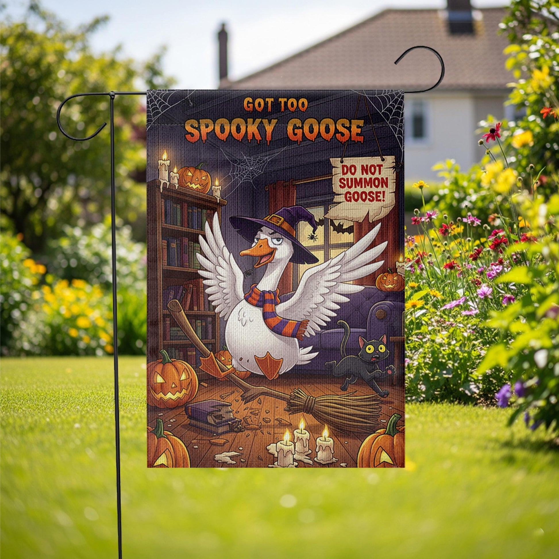 Spooky Goose Halloween Garden Flag – Funny Witch Goose Yard Decor with Pumpkins, Broom, Black Cat – Cute Halloween Outdoor Sign