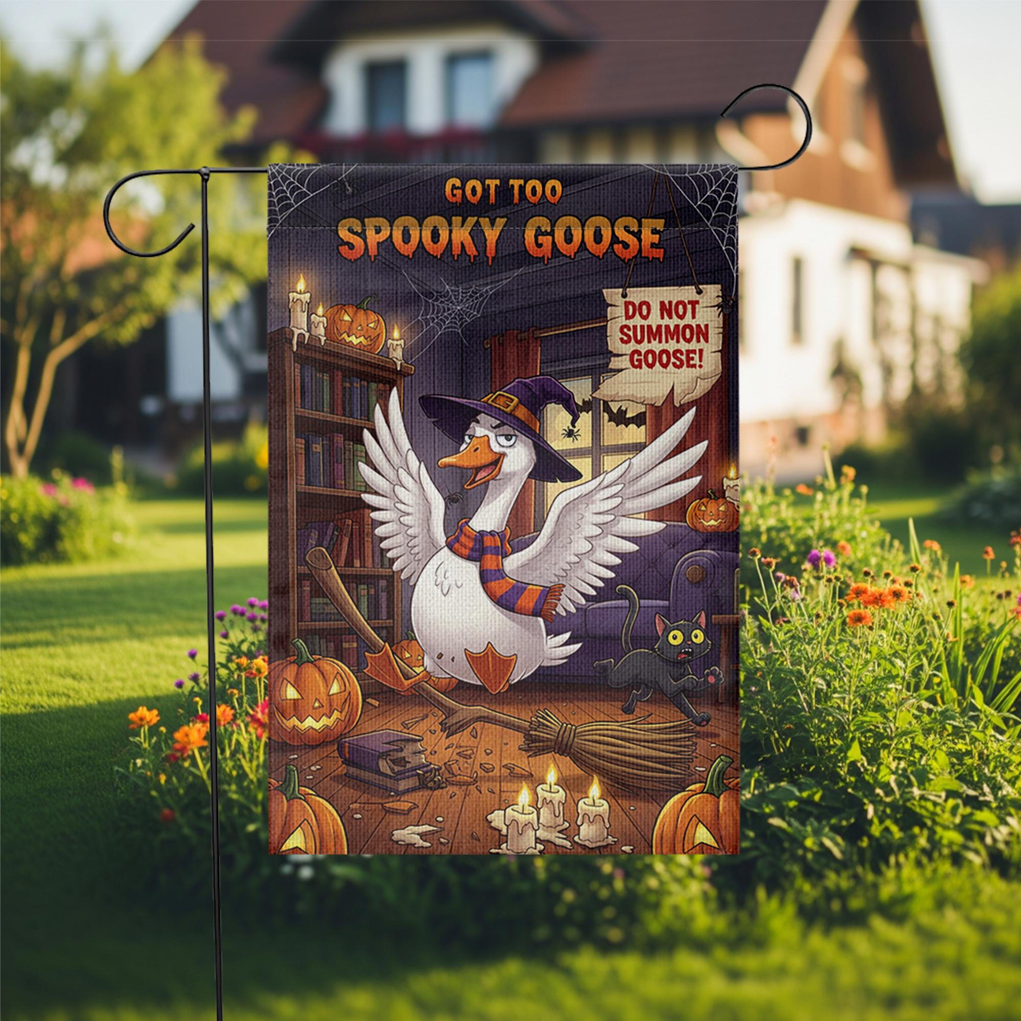 Spooky Goose Halloween Garden Flag – Funny Witch Goose Yard Decor with Pumpkins, Broom, Black Cat – Cute Halloween Outdoor Sign