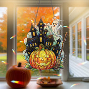 Halloween ACRYLIC Hologram Ornament – Haunted House with Ghost, Pumpkin, Broom – Spooky Window Hanging Fall Home Decor