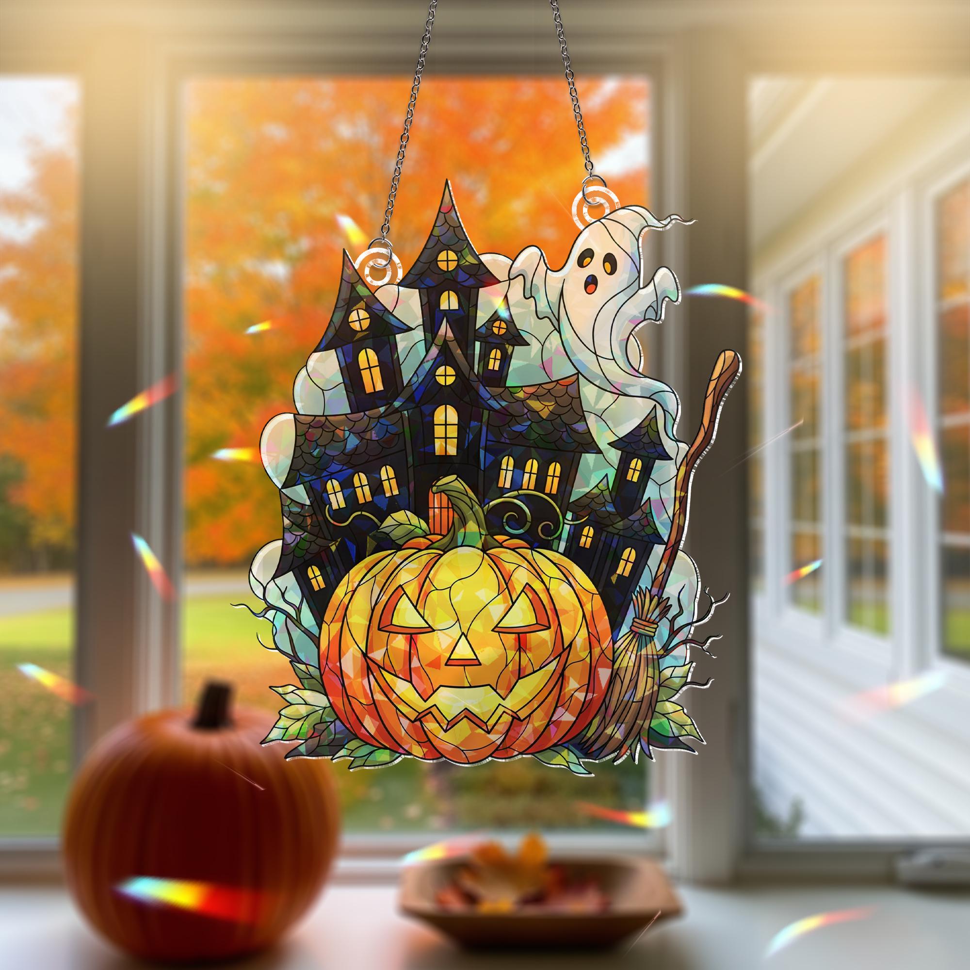 Halloween ACRYLIC Hologram Ornament – Haunted House with Ghost, Pumpkin, Broom – Spooky Window Hanging Fall Home Decor