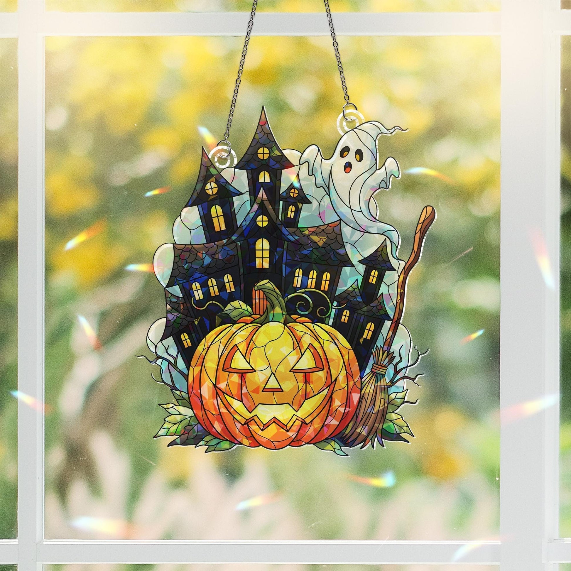 Halloween ACRYLIC Hologram Ornament – Haunted House with Ghost, Pumpkin, Broom – Spooky Window Hanging Fall Home Decor