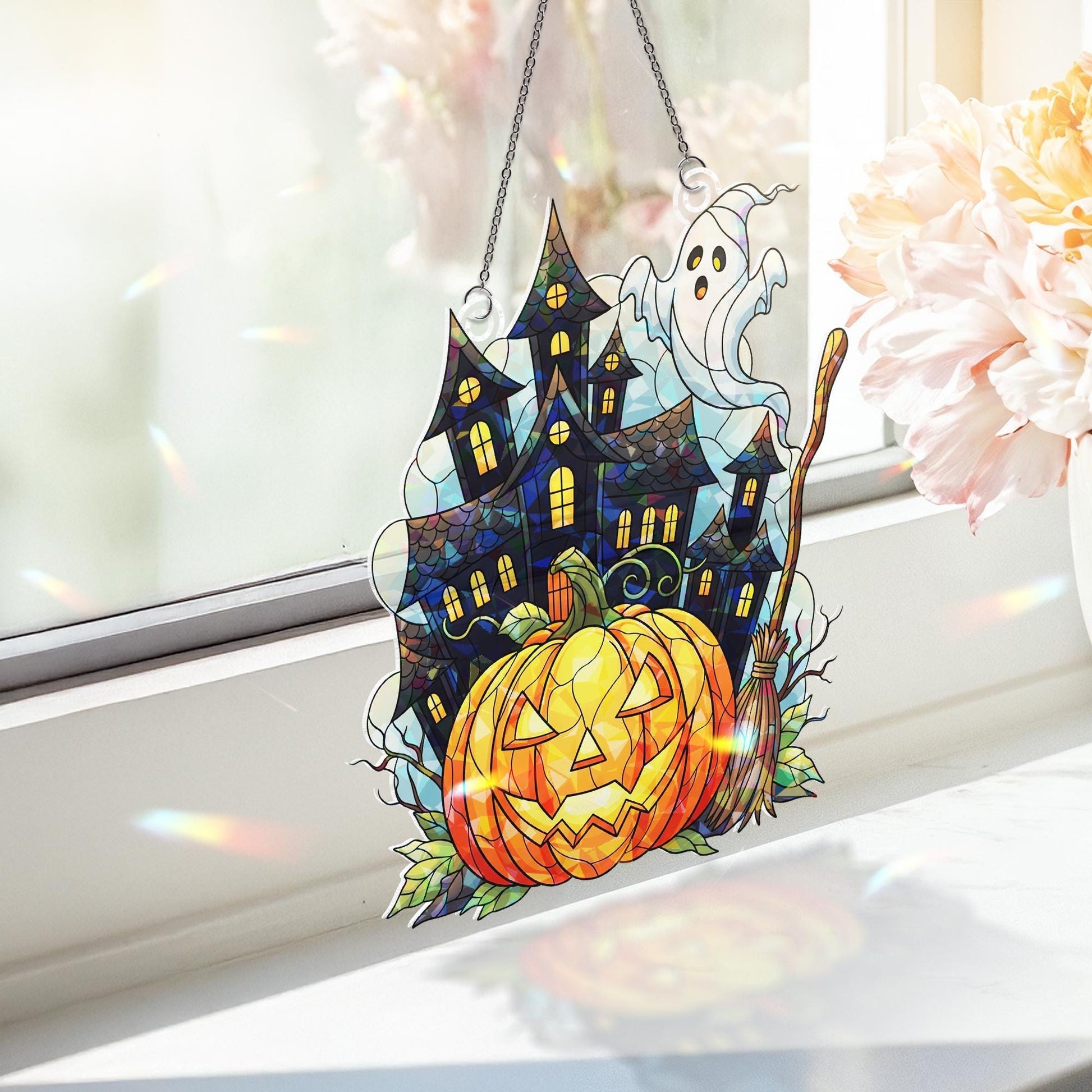 Halloween ACRYLIC Hologram Ornament – Haunted House with Ghost, Pumpkin, Broom – Spooky Window Hanging Fall Home Decor