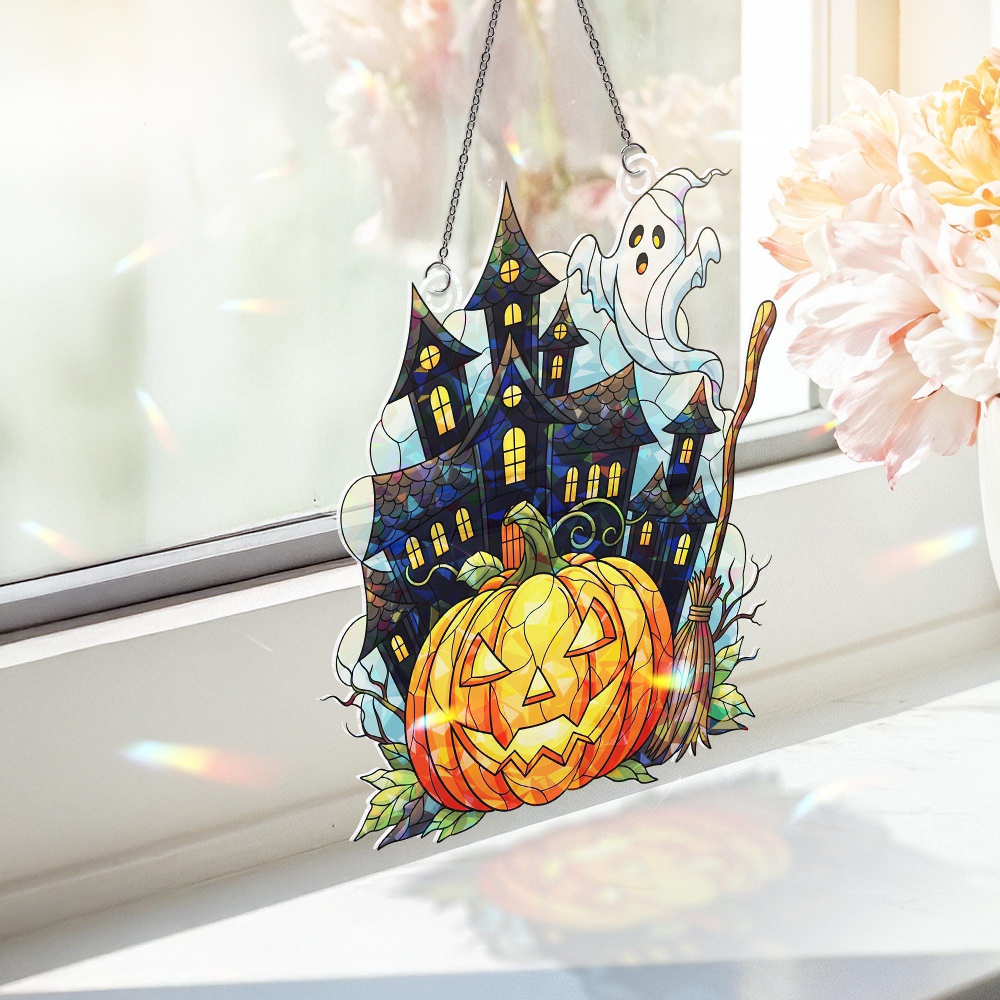 Halloween ACRYLIC Hologram Ornament – Haunted House with Ghost, Pumpkin, Broom – Spooky Window Hanging Fall Home Decor
