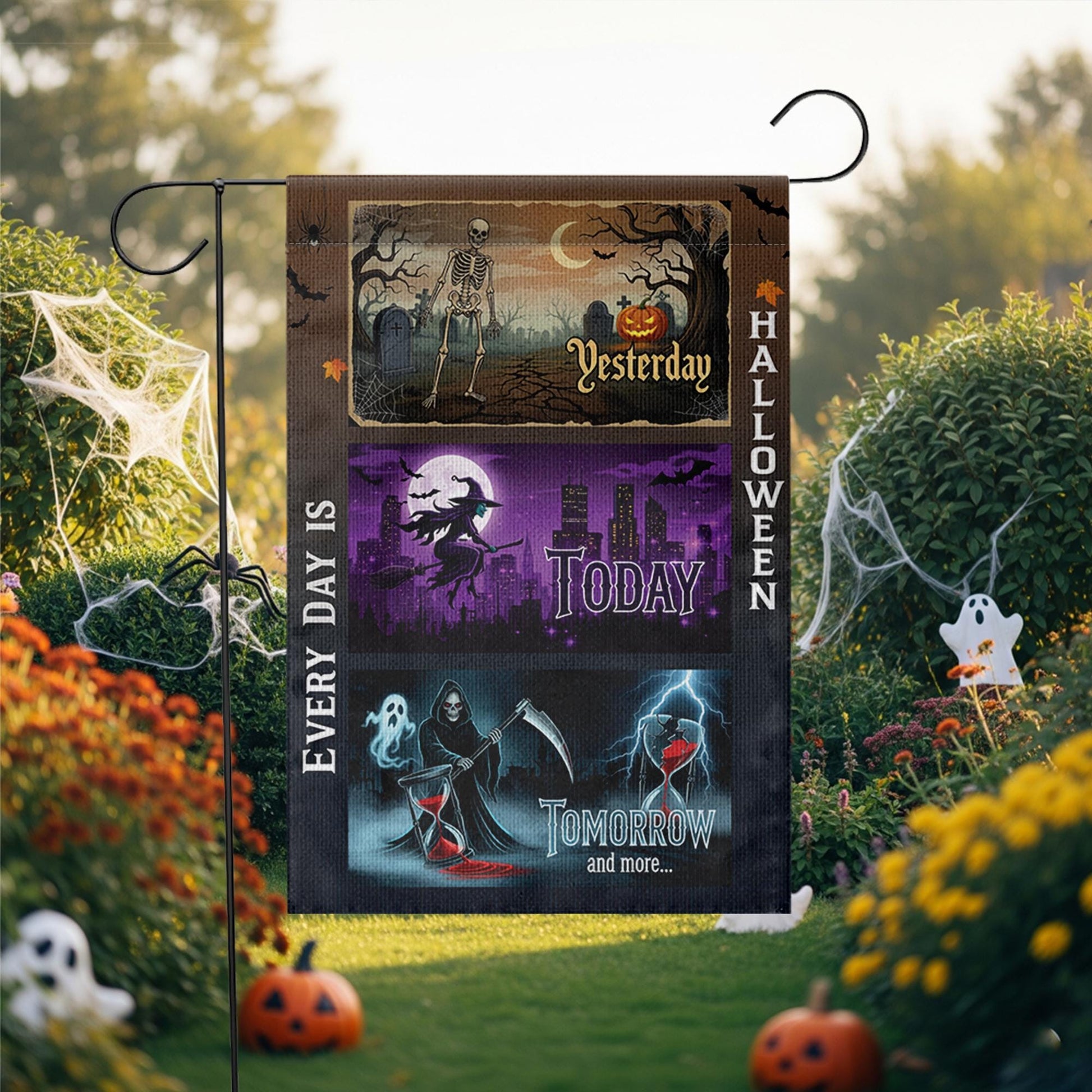 Every Day Is Halloween Garden Flag – Funny Spooky Yard Decor with Skeleton, Witch, Grim Reaper for October Outdoor Display
