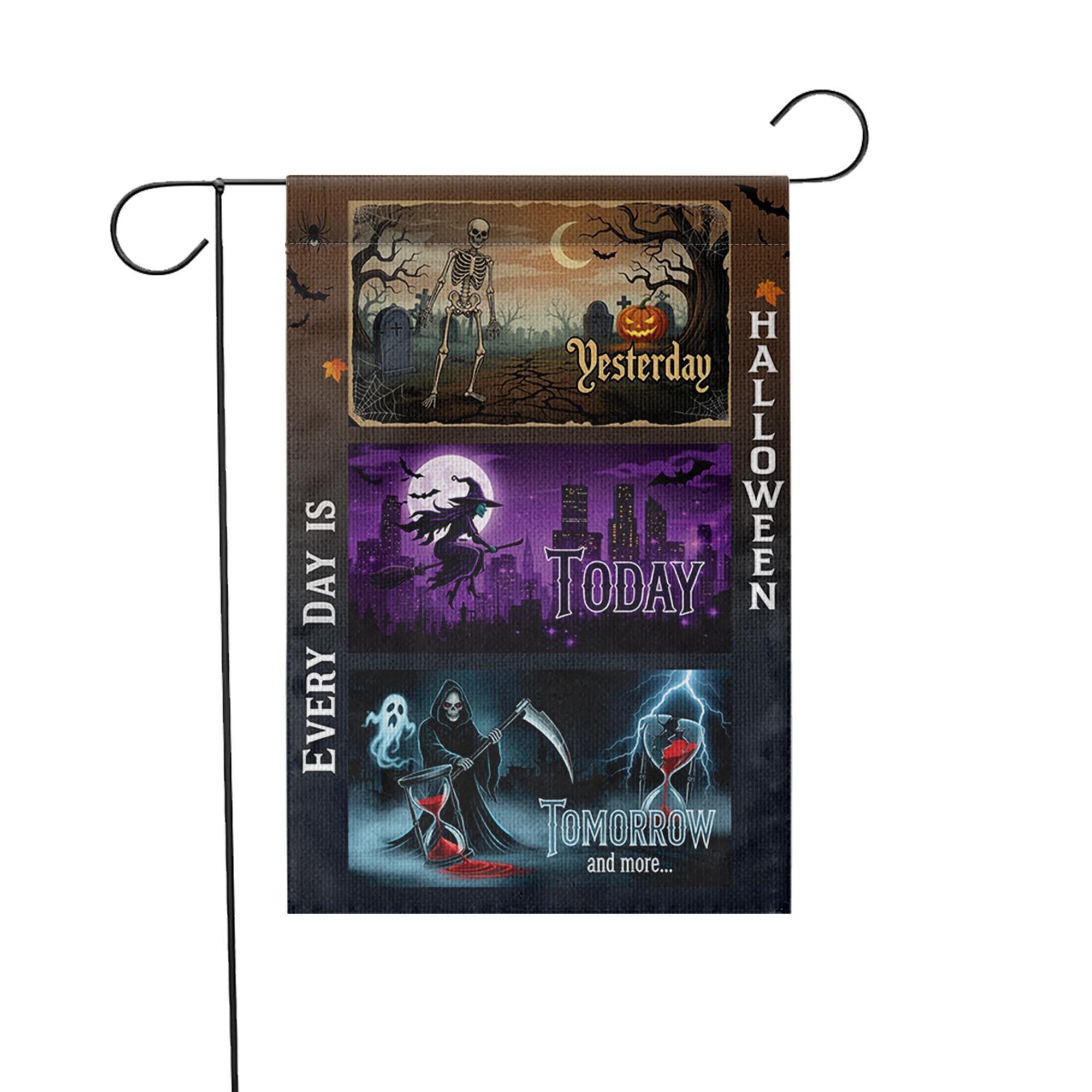 Every Day Is Halloween Garden Flag – Funny Spooky Yard Decor with Skeleton, Witch, Grim Reaper for October Outdoor Display