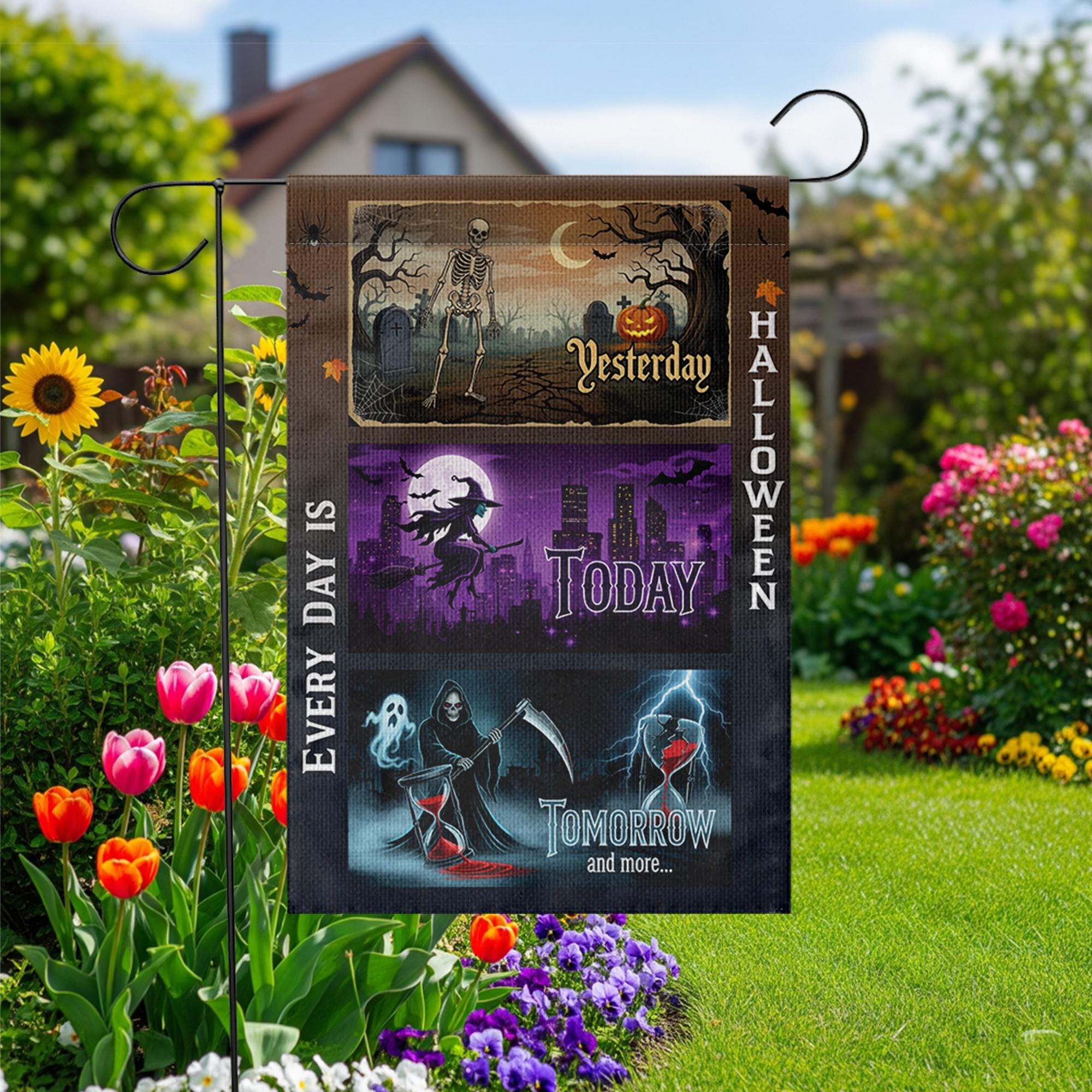 Every Day Is Halloween Garden Flag – Funny Spooky Yard Decor with Skeleton, Witch, Grim Reaper for October Outdoor Display