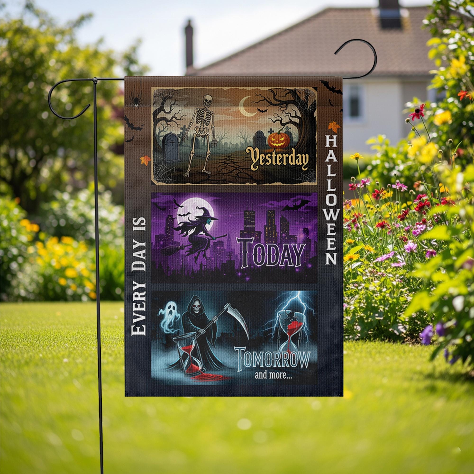 Every Day Is Halloween Garden Flag – Funny Spooky Yard Decor with Skeleton, Witch, Grim Reaper for October Outdoor Display