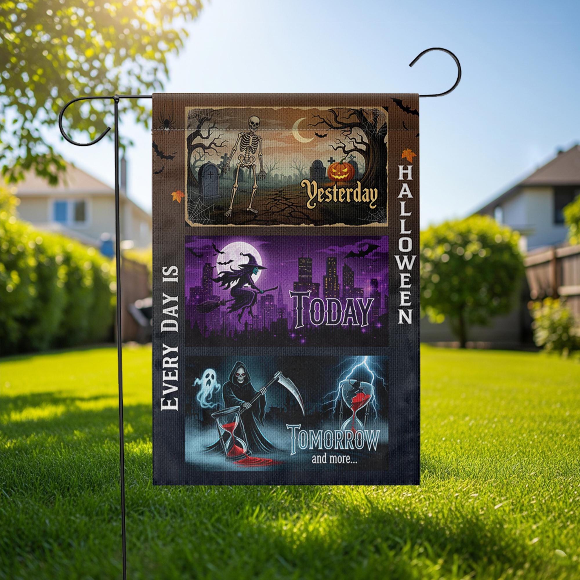 Every Day Is Halloween Garden Flag – Funny Spooky Yard Decor with Skeleton, Witch, Grim Reaper for October Outdoor Display