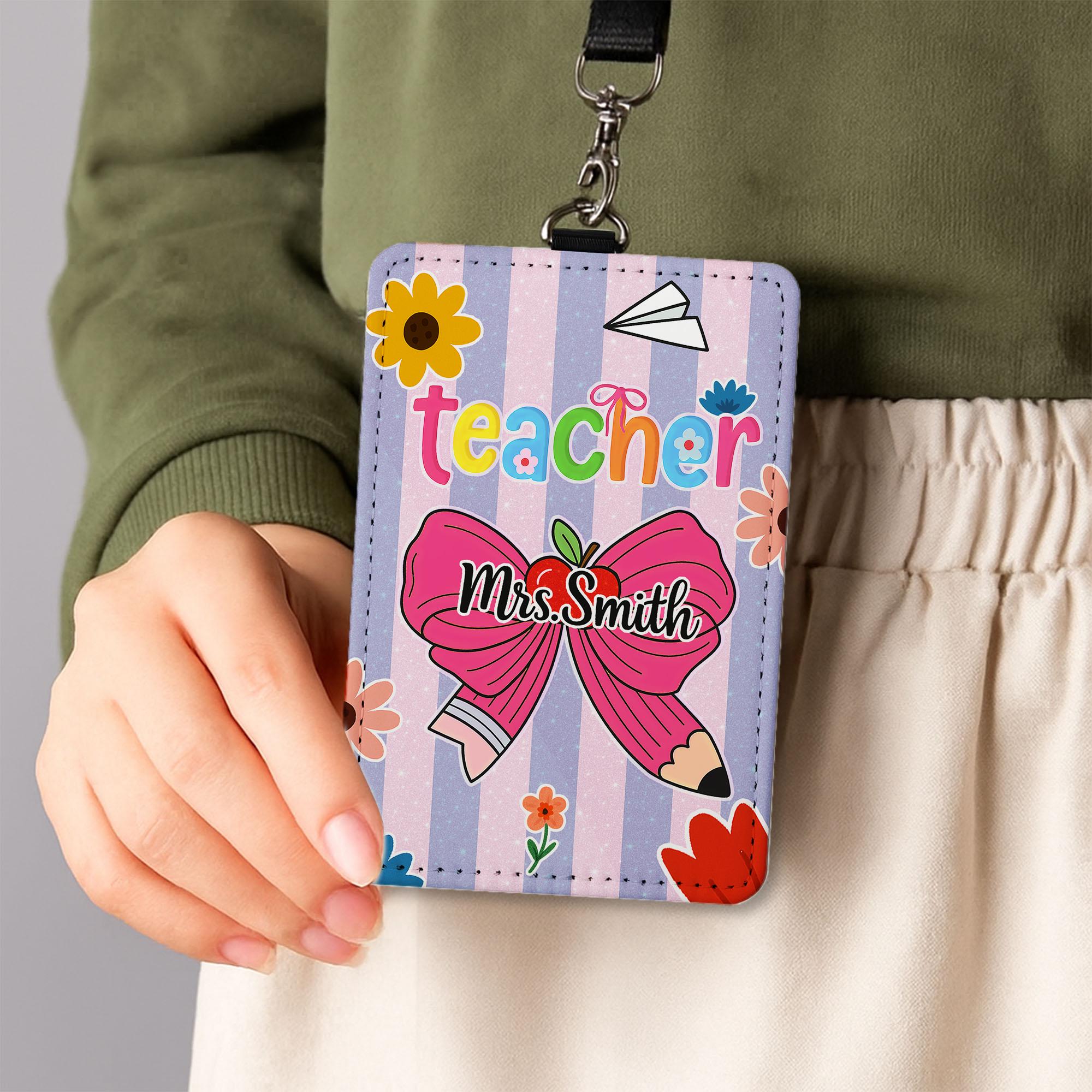Personalized Teacher Badge Holder, Cute Pencil Bow ID Holder, Custom Name Lanyard, Back to School Teacher Gift, Floral ID Tag