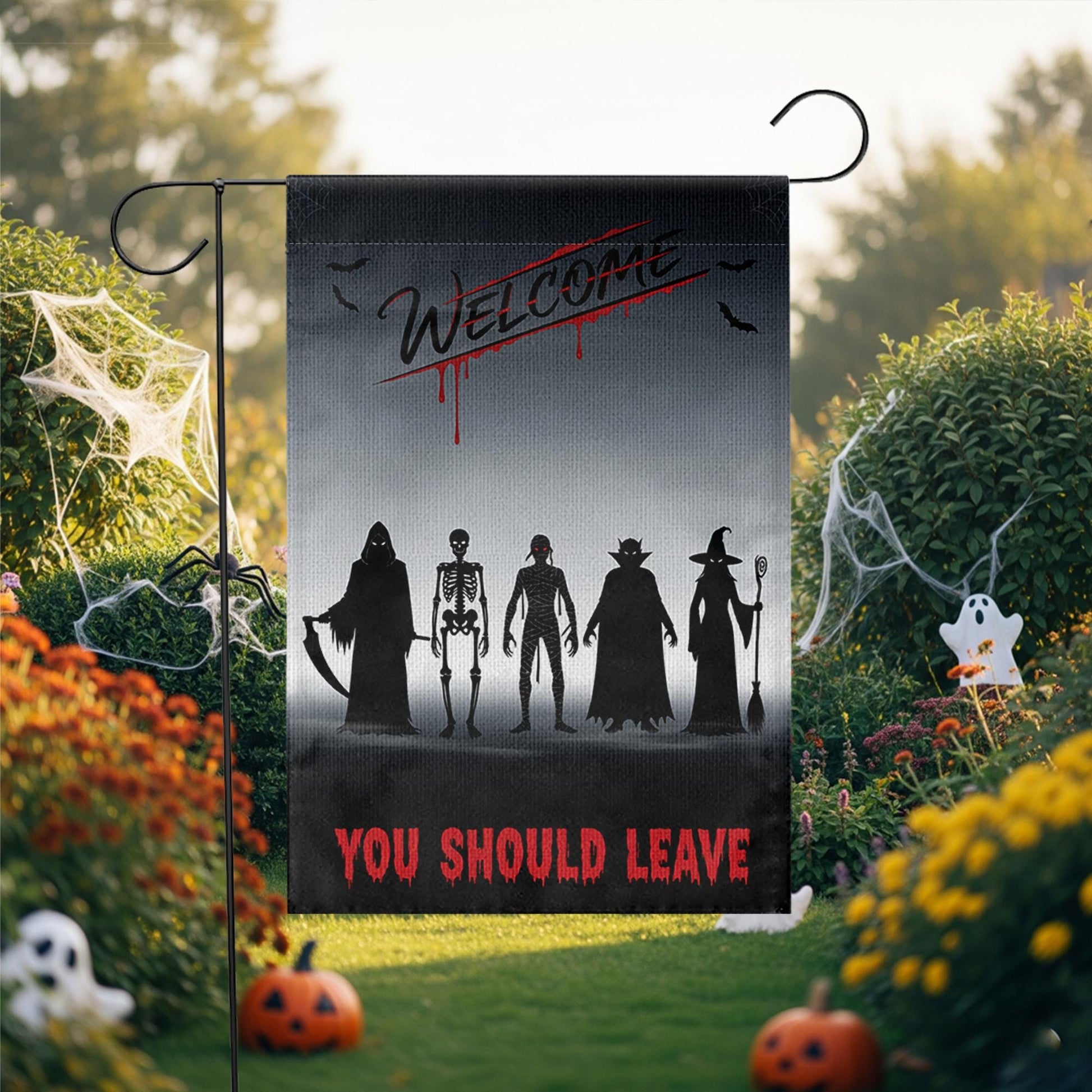 Scary Halloween Garden Flag – Welcome You Should Leave Yard Sign with Reaper, Skeleton, Witch, Vampire, Zombie Silhouettes