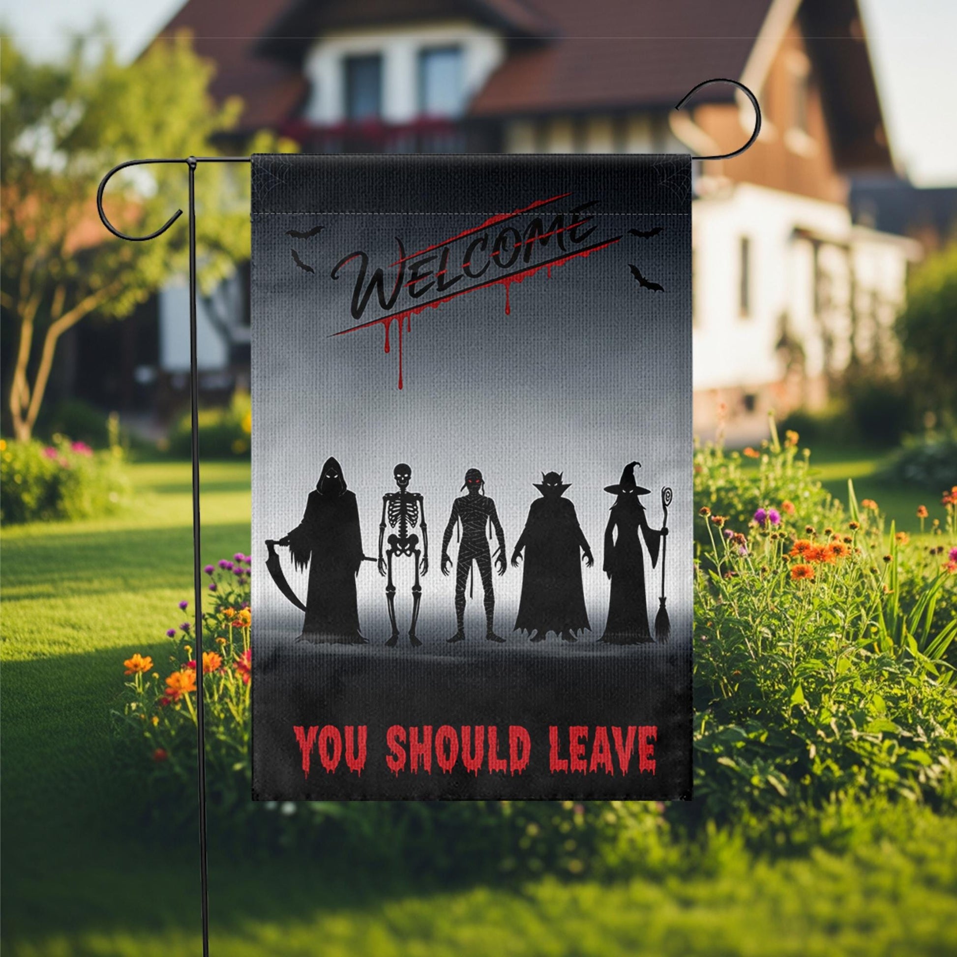 Scary Halloween Garden Flag – Welcome You Should Leave Yard Sign with Reaper, Skeleton, Witch, Vampire, Zombie Silhouettes
