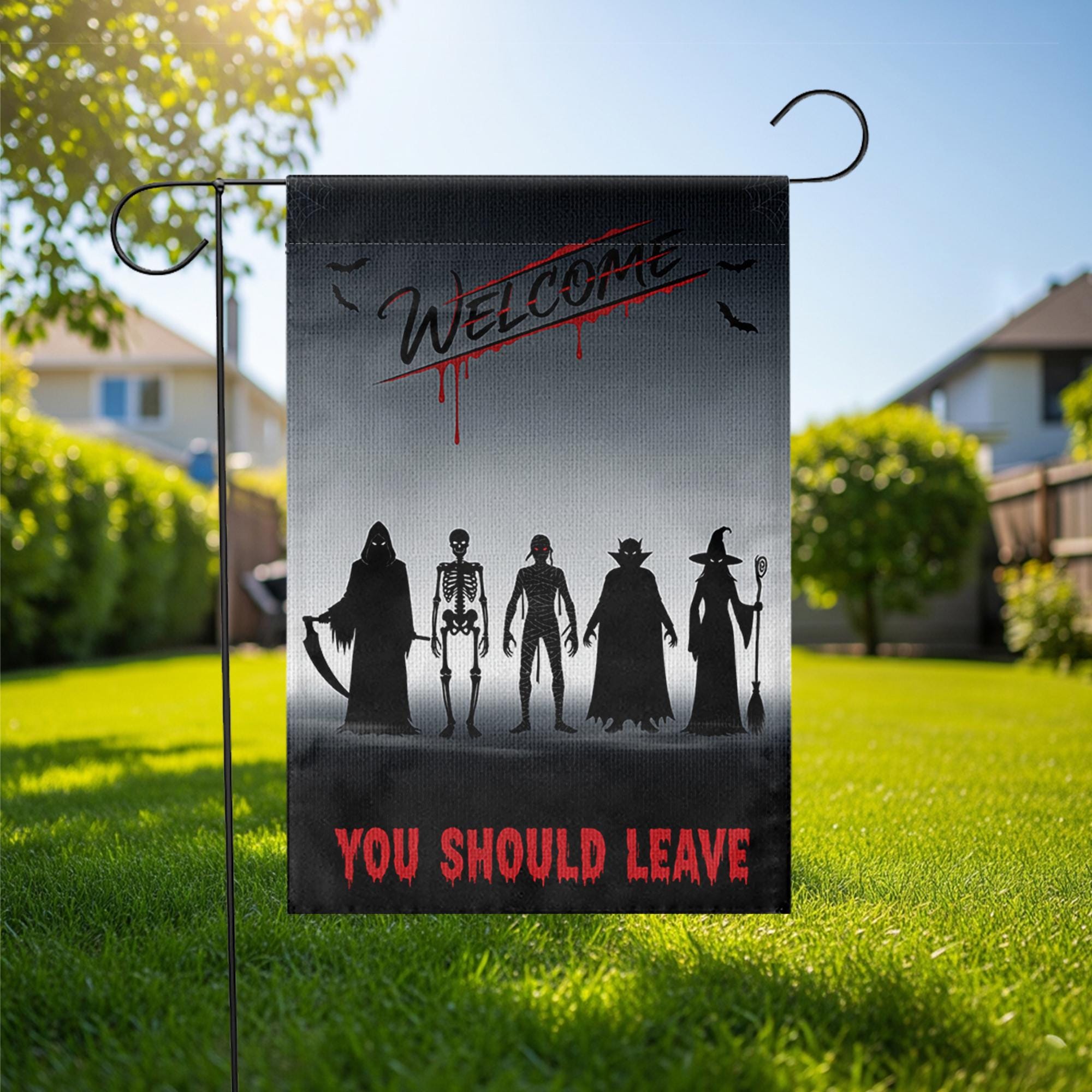 Scary Halloween Garden Flag – Welcome You Should Leave Yard Sign with Reaper, Skeleton, Witch, Vampire, Zombie Silhouettes