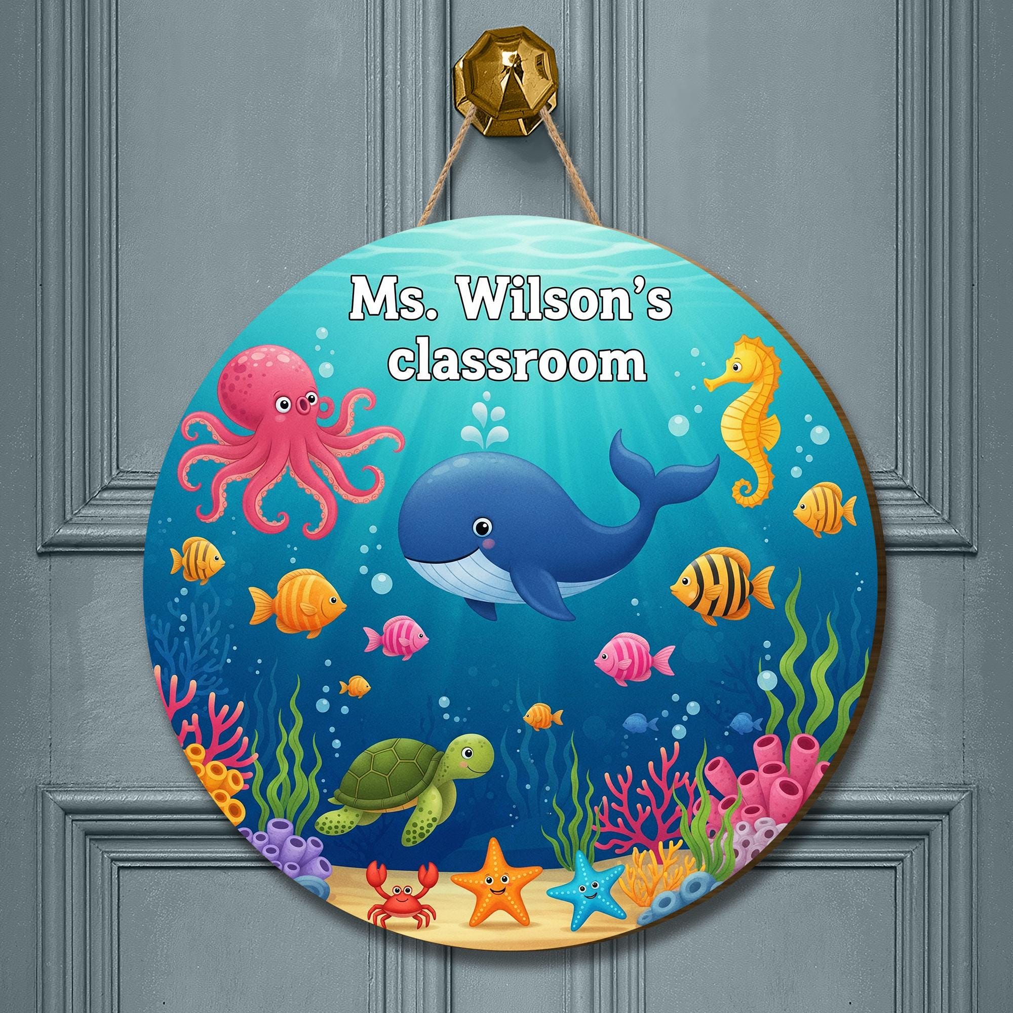 Personalized Under the Sea Classroom Sign – Ocean Theme Teacher Door Decor with Whale, Octopus, Fish – Custom School Wall Sign