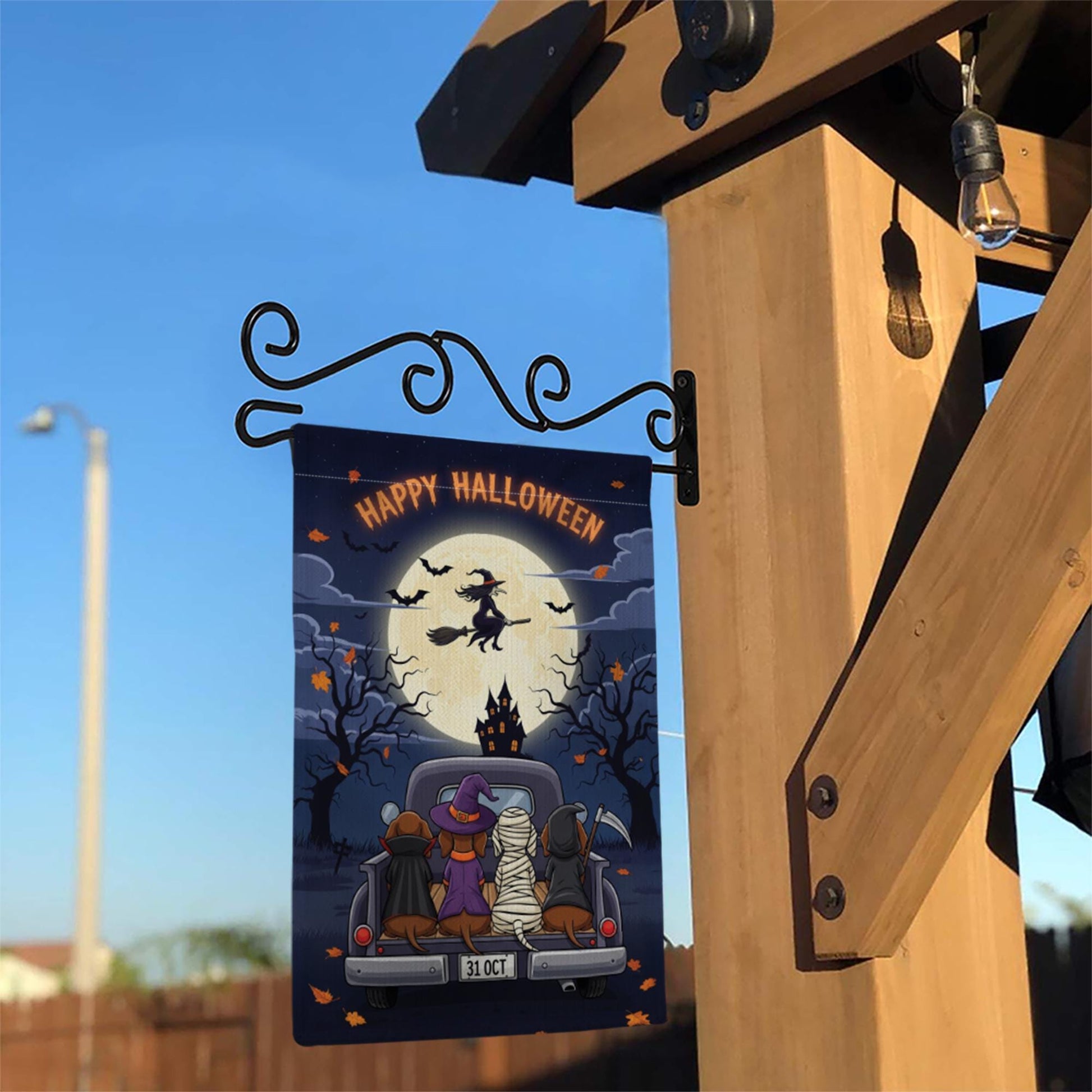 Happy Halloween Garden Flag – Dachshund Dogs in Costumes on Truck, Witch Flying Over Full Moon – Cute Spooky Yard Decor