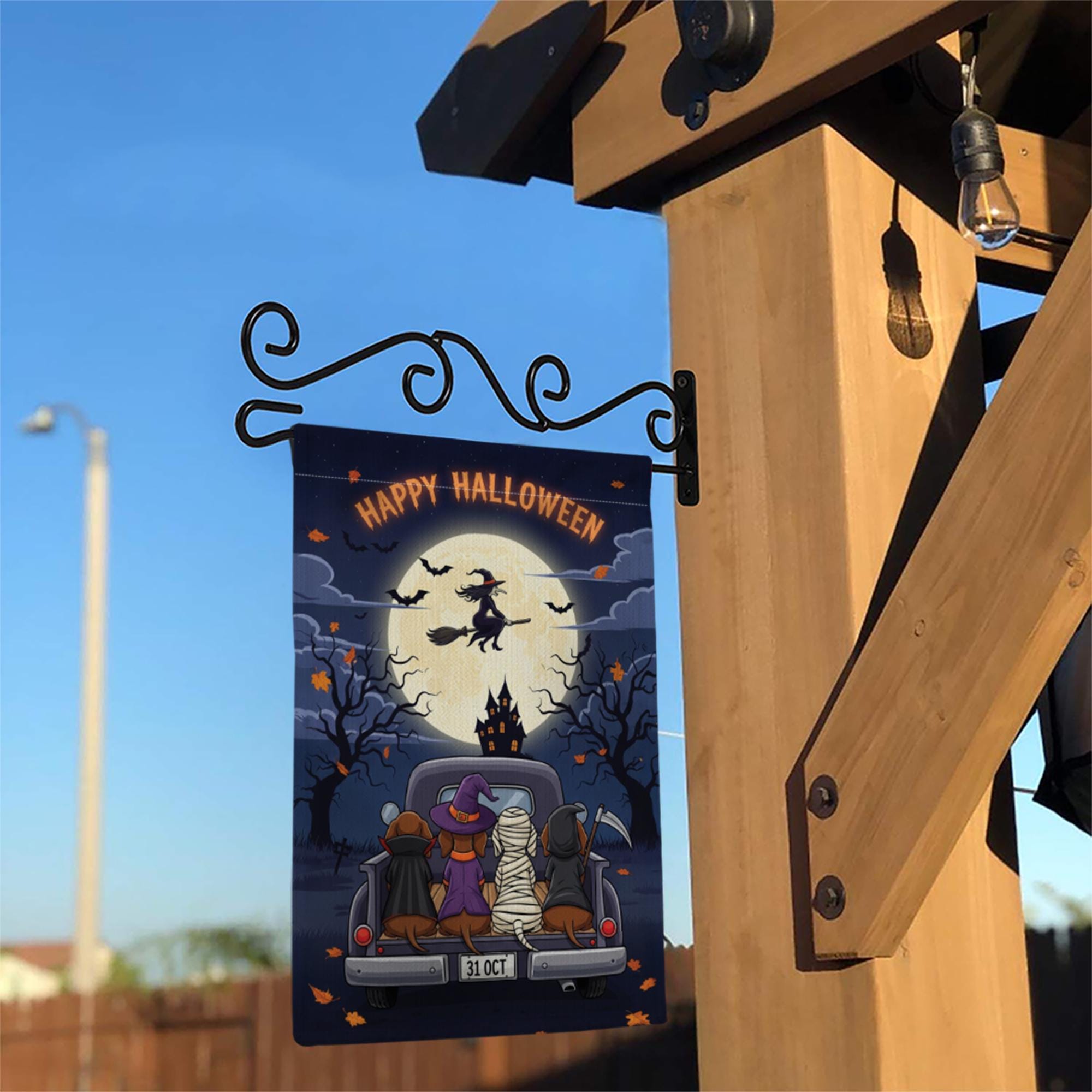 Happy Halloween Garden Flag – Dachshund Dogs in Costumes on Truck, Witch Flying Over Full Moon – Cute Spooky Yard Decor