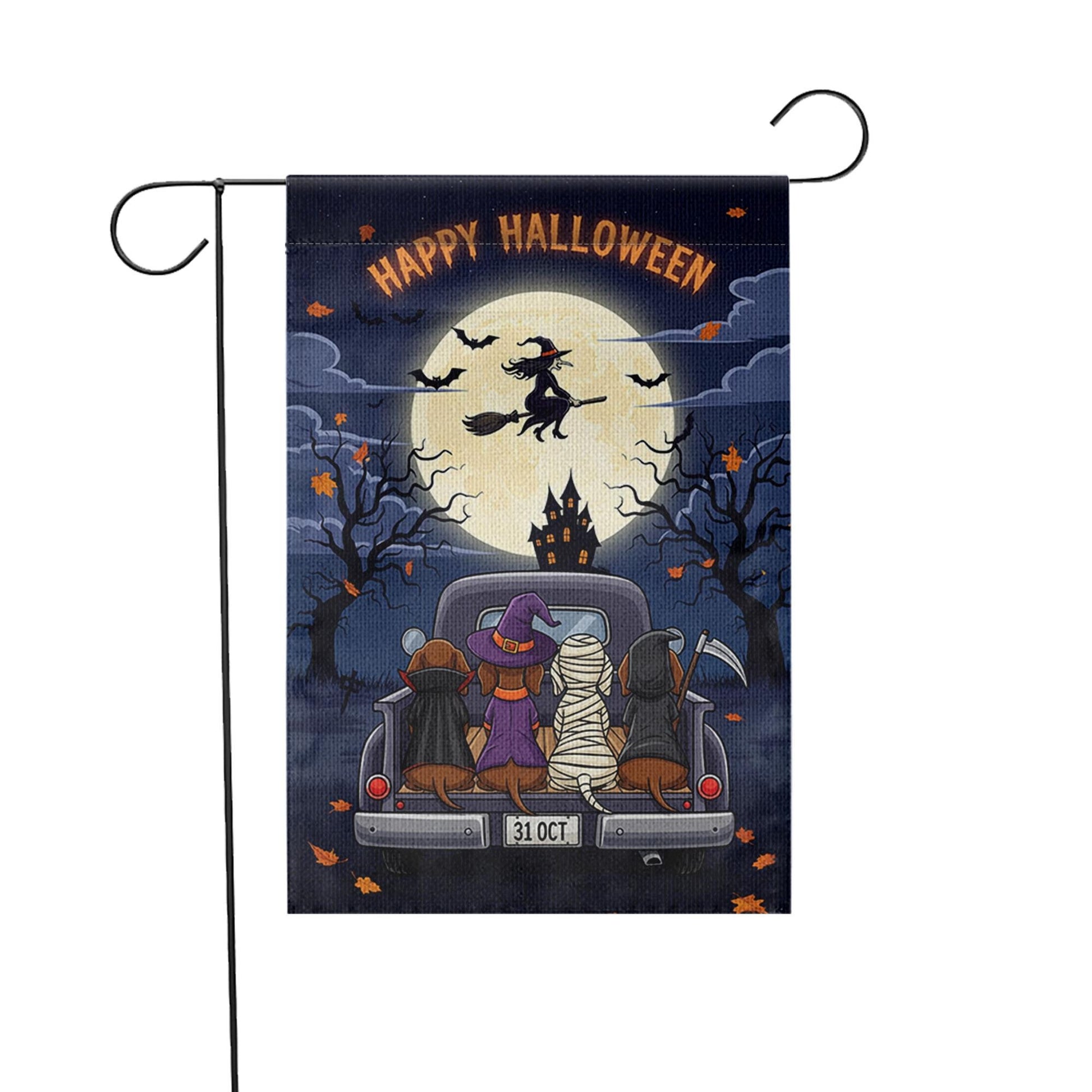 Happy Halloween Garden Flag – Dachshund Dogs in Costumes on Truck, Witch Flying Over Full Moon – Cute Spooky Yard Decor