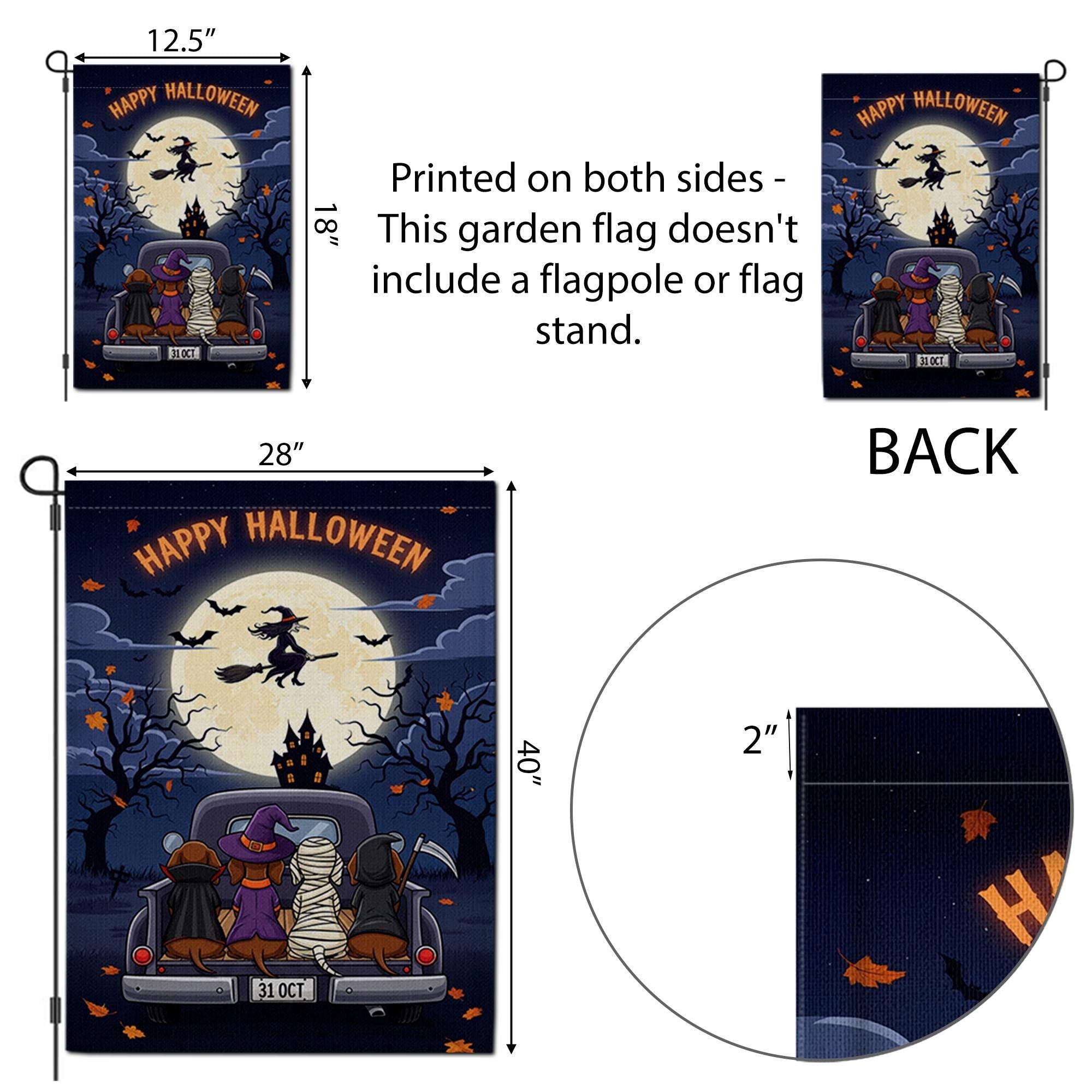 Happy Halloween Garden Flag – Dachshund Dogs in Costumes on Truck, Witch Flying Over Full Moon – Cute Spooky Yard Decor