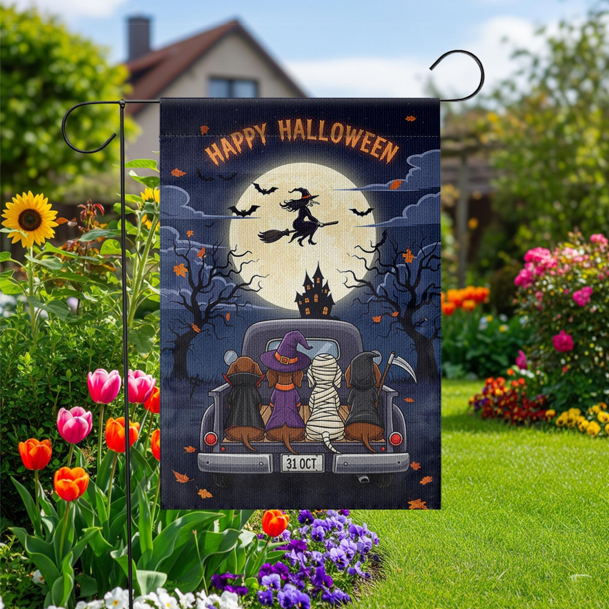 Happy Halloween Garden Flag – Dachshund Dogs in Costumes on Truck, Witch Flying Over Full Moon – Cute Spooky Yard Decor