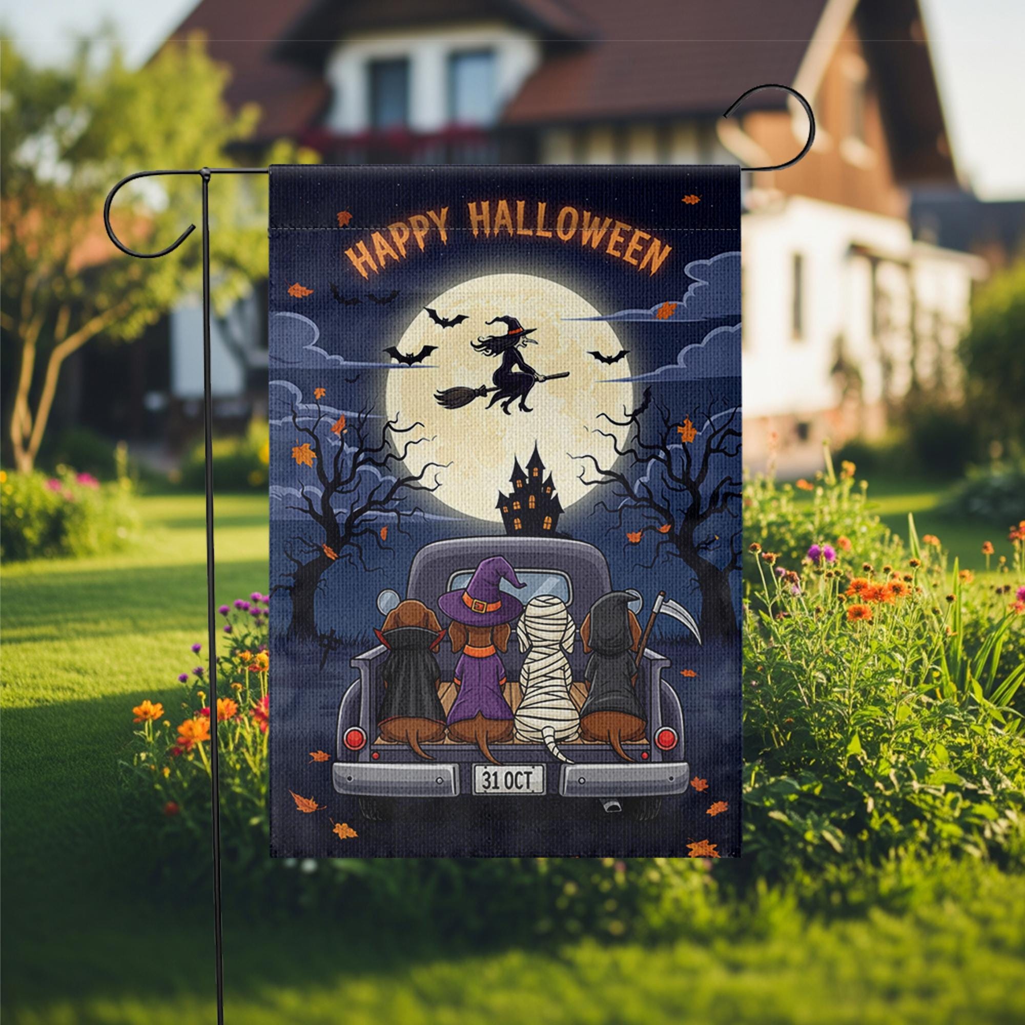 Happy Halloween Garden Flag – Dachshund Dogs in Costumes on Truck, Witch Flying Over Full Moon – Cute Spooky Yard Decor