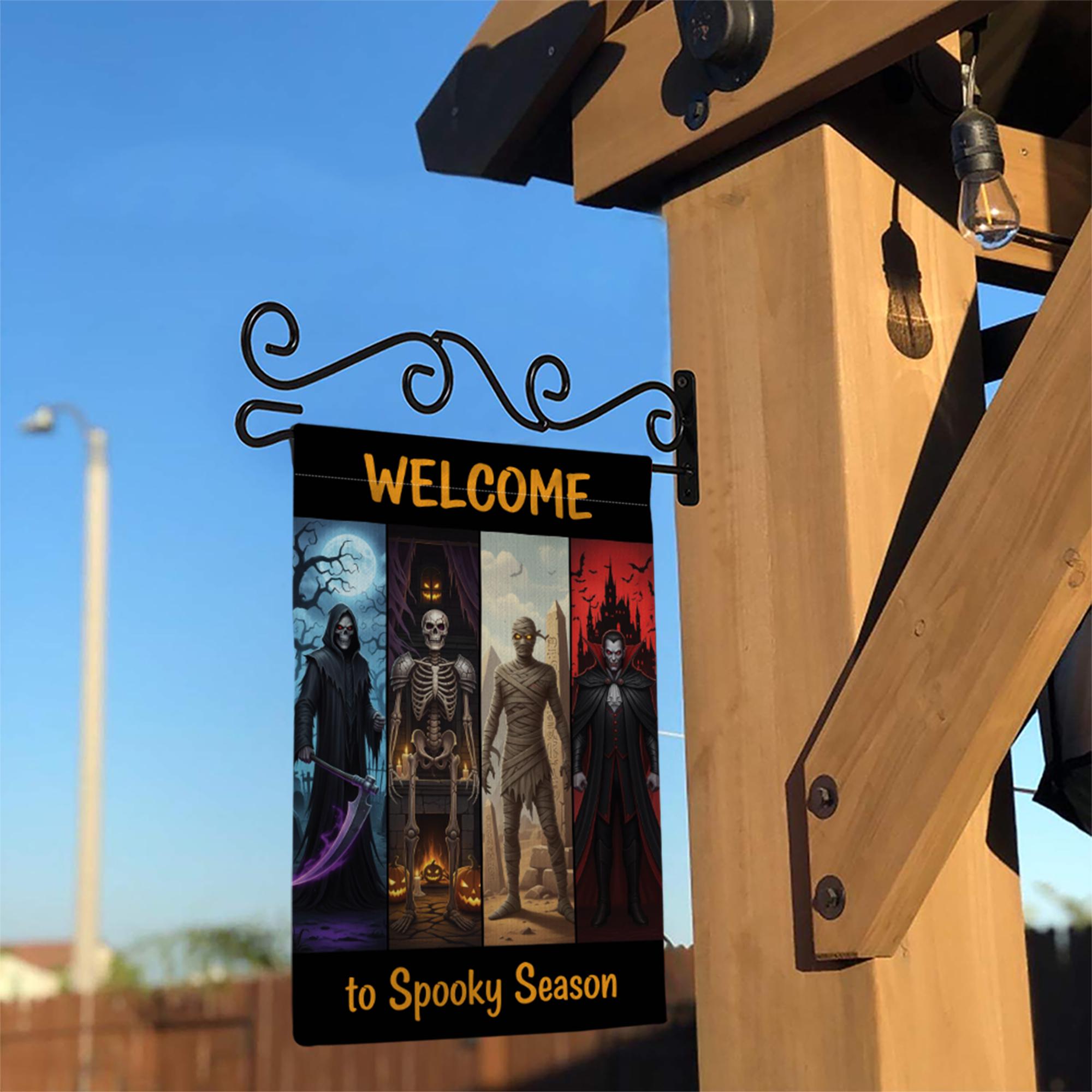 Welcome to Spooky Season Garden Flag – Halloween Yard Decor with Grim Reaper, Skeleton, Mummy, Vampire – Scary Outdoor Sign