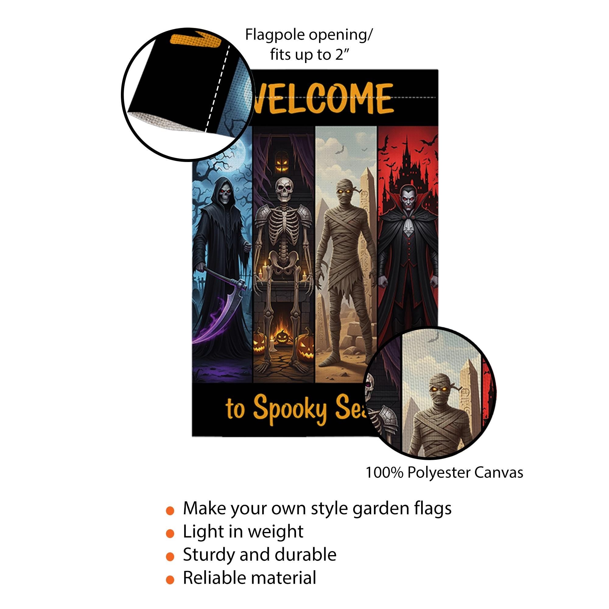 Welcome to Spooky Season Garden Flag – Halloween Yard Decor with Grim Reaper, Skeleton, Mummy, Vampire – Scary Outdoor Sign