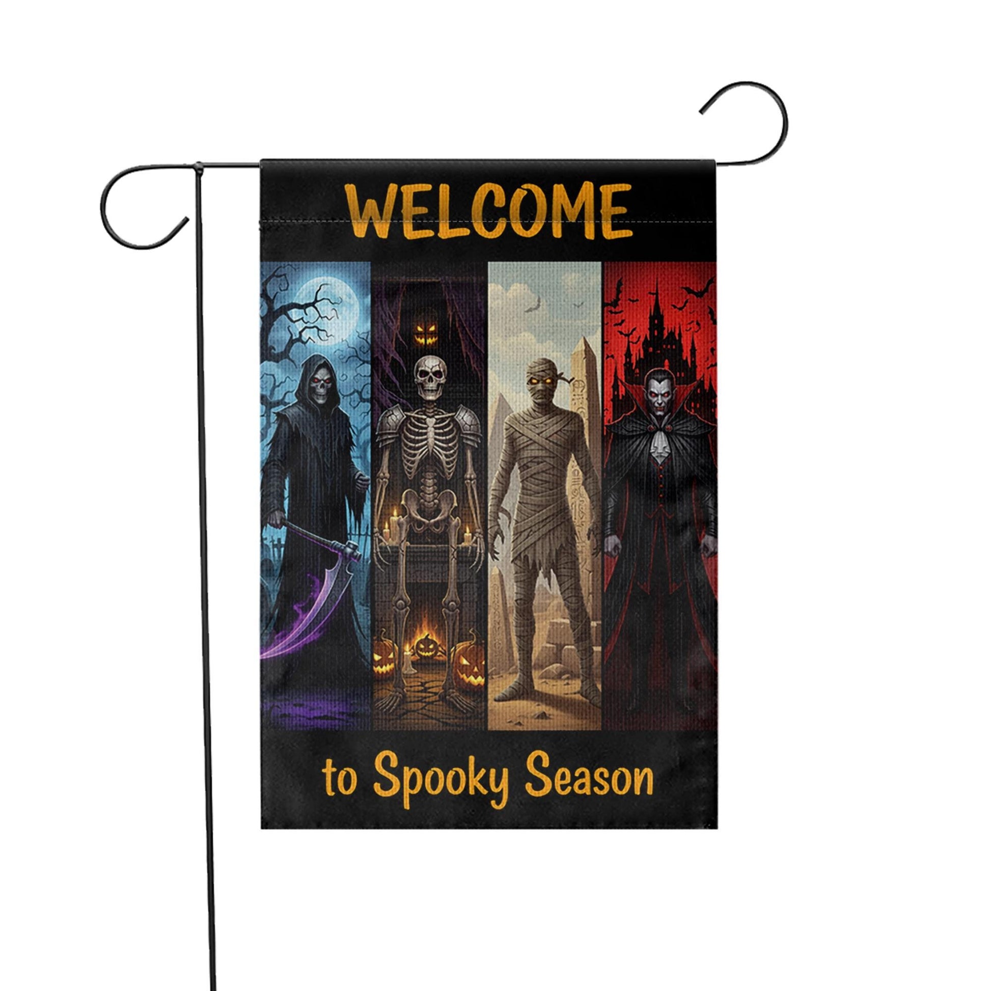 Welcome to Spooky Season Garden Flag – Halloween Yard Decor with Grim Reaper, Skeleton, Mummy, Vampire – Scary Outdoor Sign
