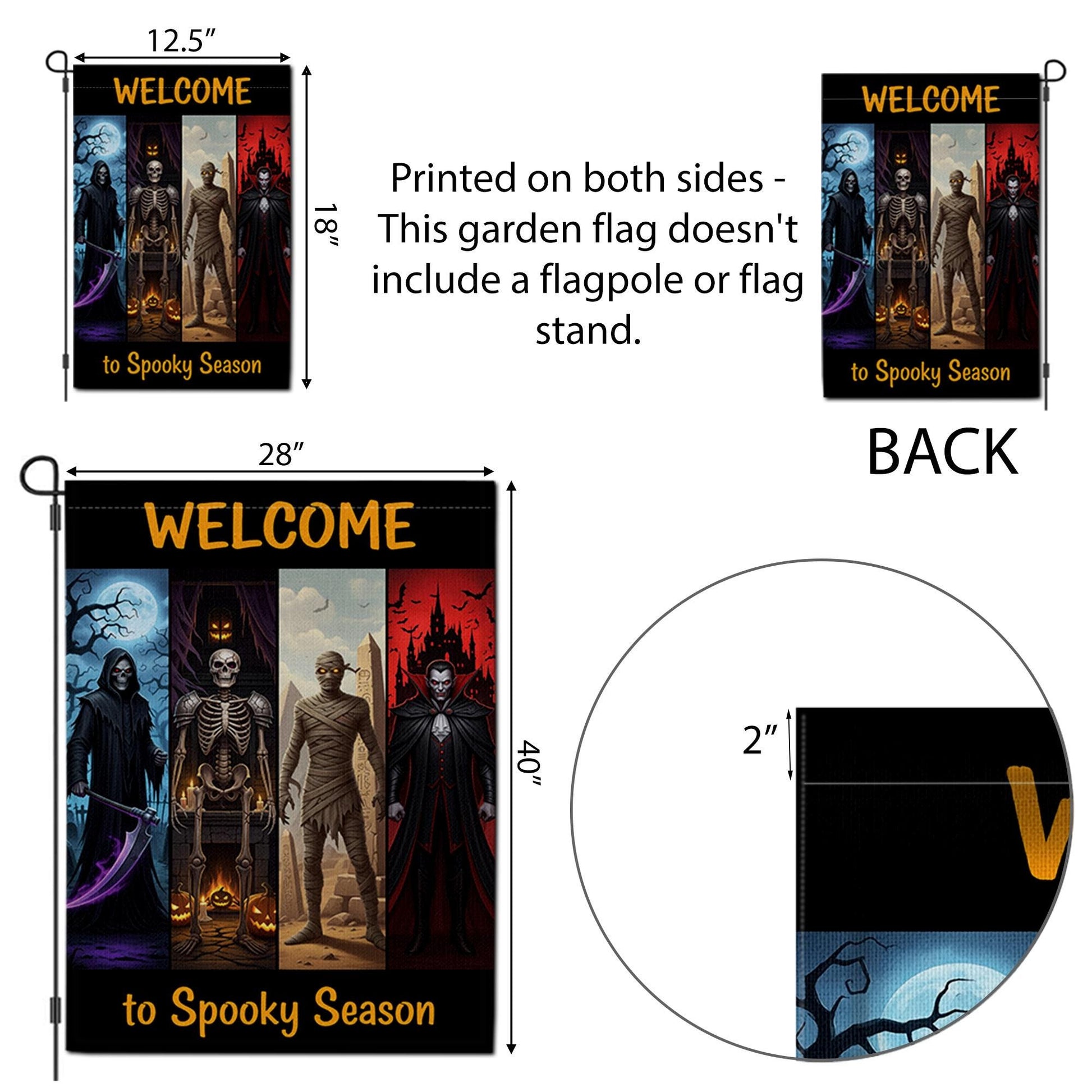 Welcome to Spooky Season Garden Flag – Halloween Yard Decor with Grim Reaper, Skeleton, Mummy, Vampire – Scary Outdoor Sign