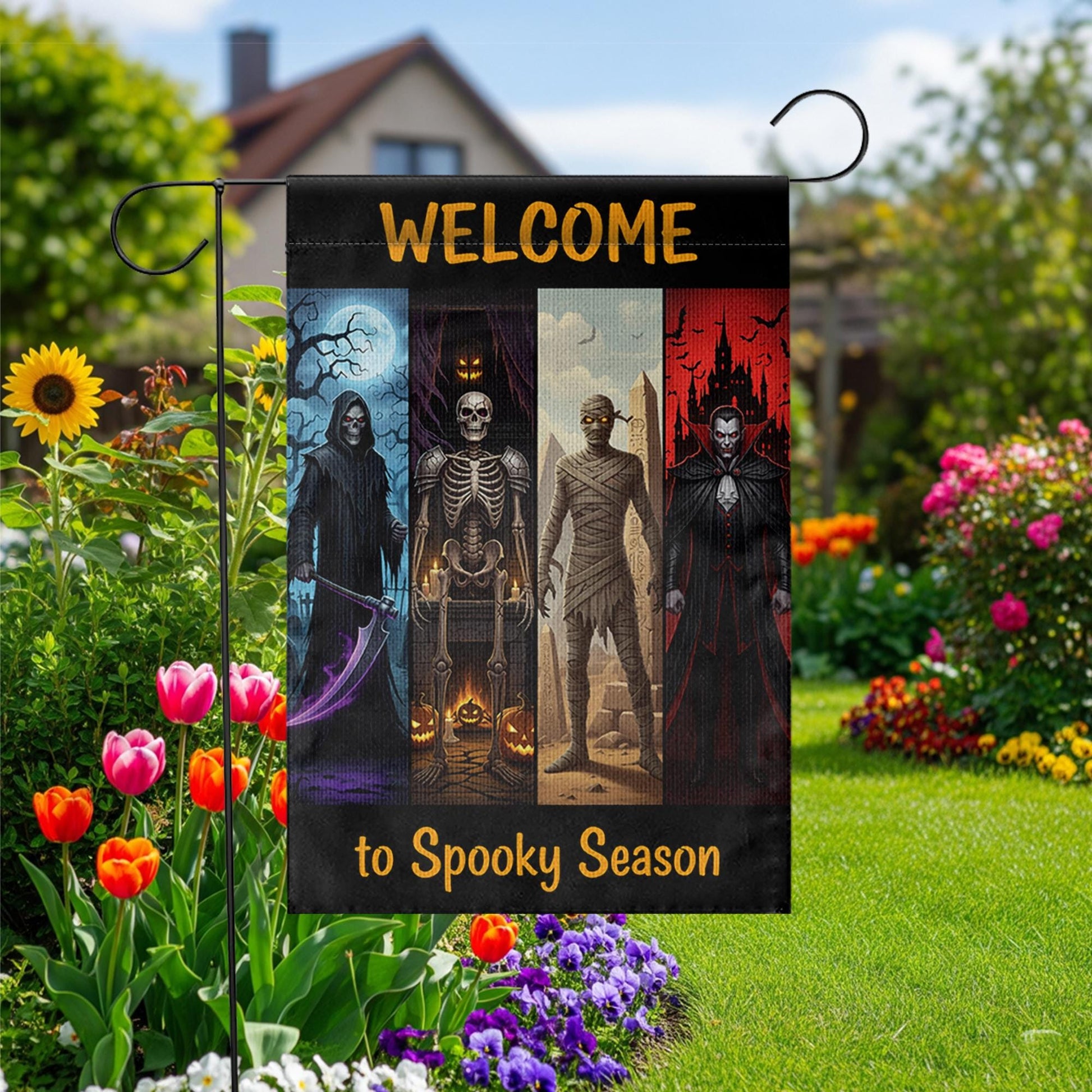Welcome to Spooky Season Garden Flag – Halloween Yard Decor with Grim Reaper, Skeleton, Mummy, Vampire – Scary Outdoor Sign