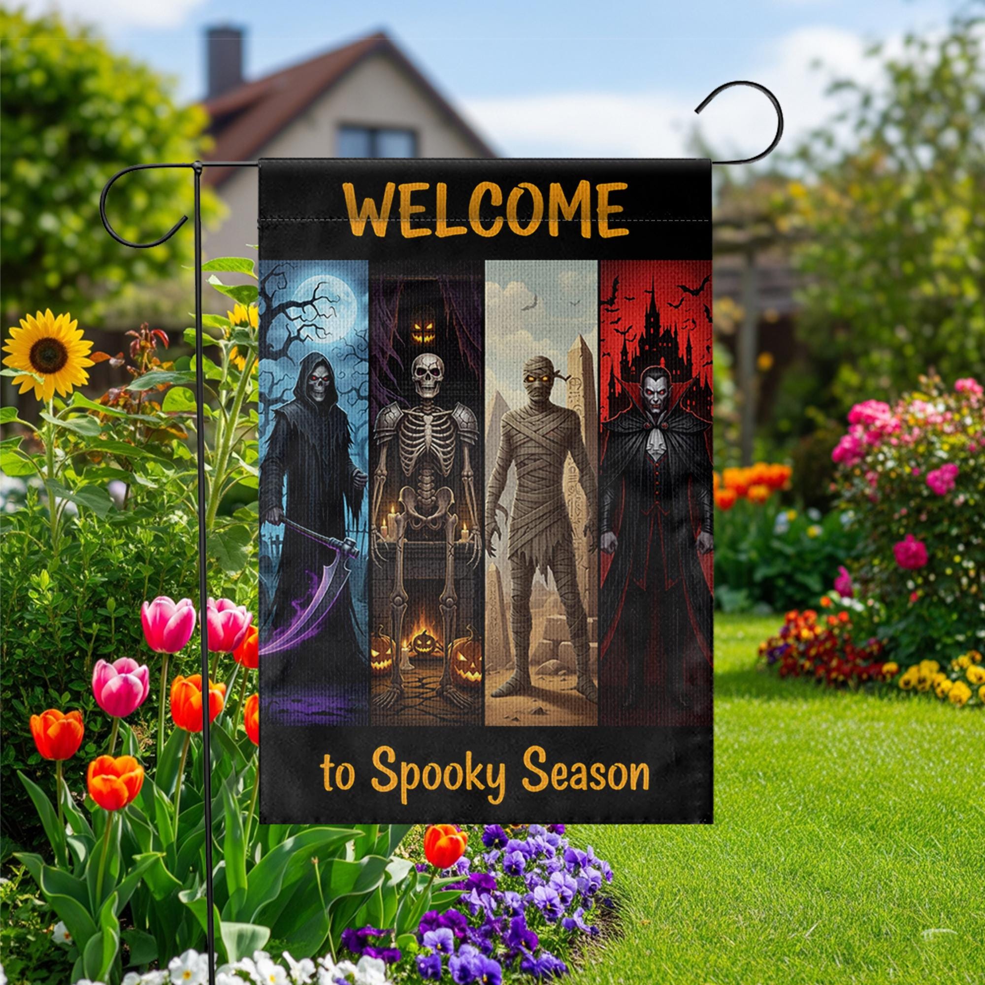 Welcome to Spooky Season Garden Flag – Halloween Yard Decor with Grim Reaper, Skeleton, Mummy, Vampire – Scary Outdoor Sign